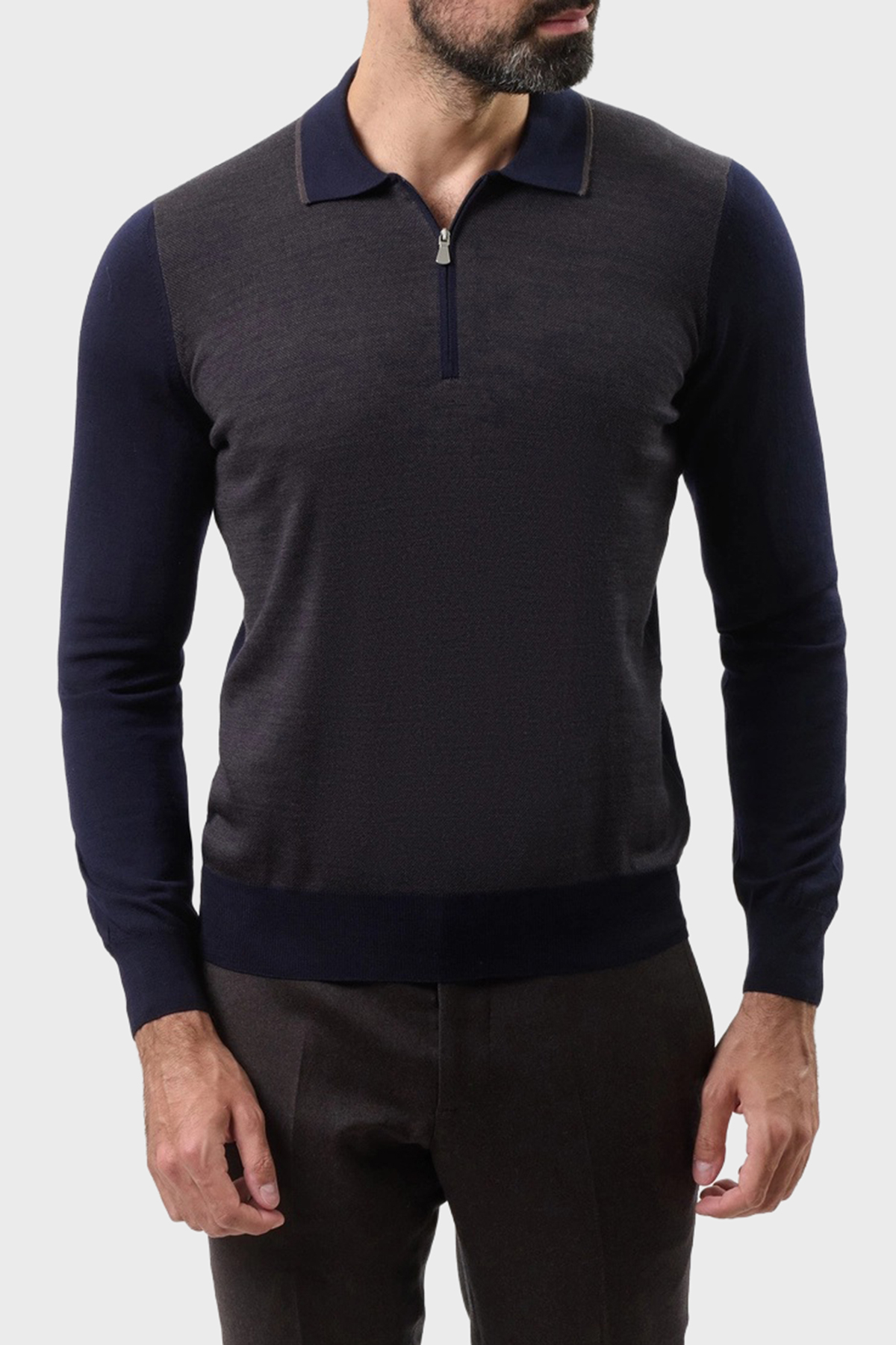 Gran Sasso % 100 Yün Regular Fit Yarım Fermuarlı Erkek Polo Yaka Kazak 43108 14713 598 LACİVERT