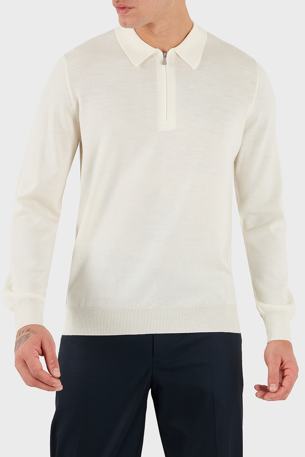 Gran Sasso % 100 Yün Regular Fit Yarım Fermuarlı Erkek Polo Yaka Kazak 55125 14290 005 EKRU