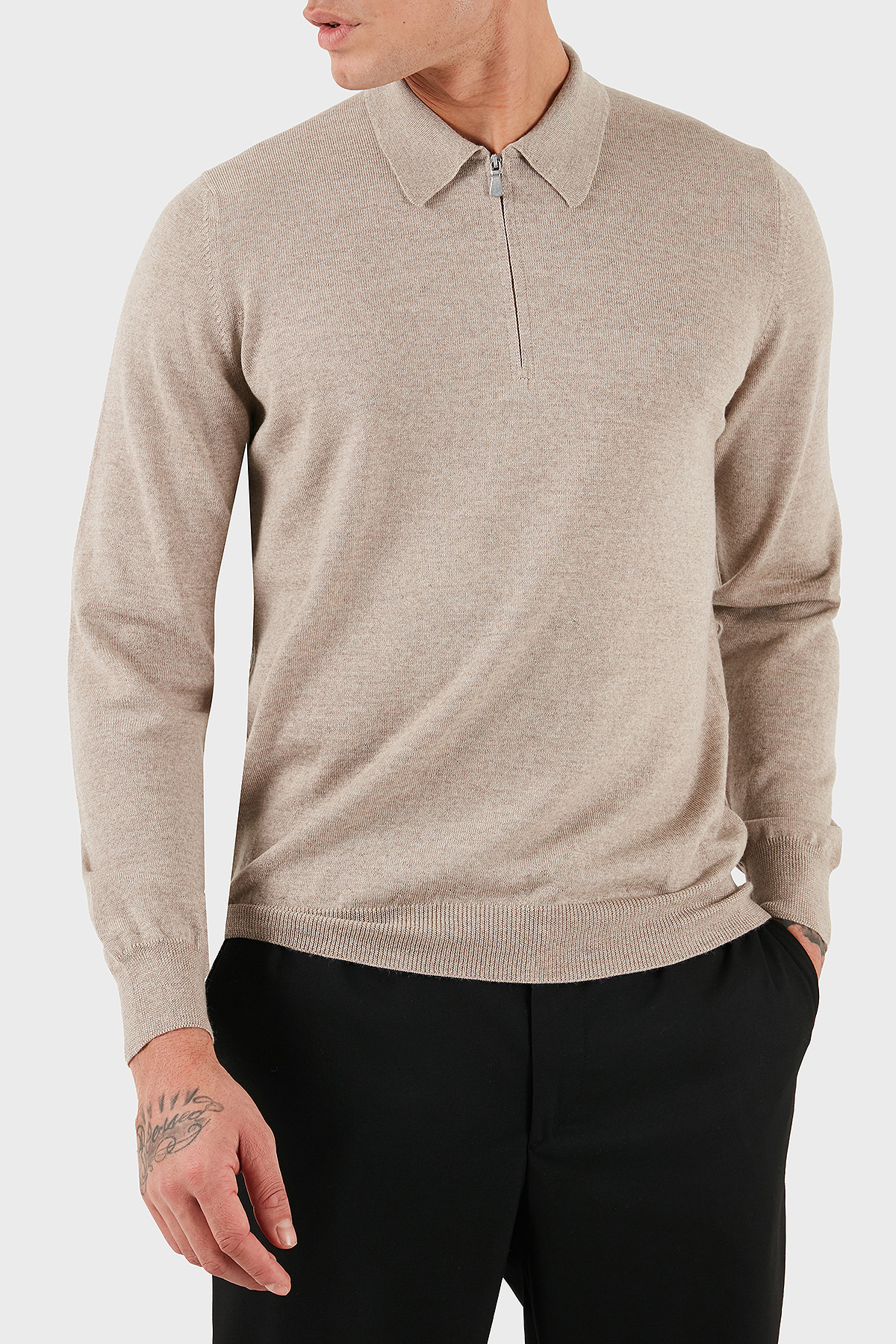Gran Sasso % 100 Yün Regular Fit Yarım Fermuarlı Erkek Polo Yaka Kazak 55125 14290 018 SÜTLÜ KAHVE