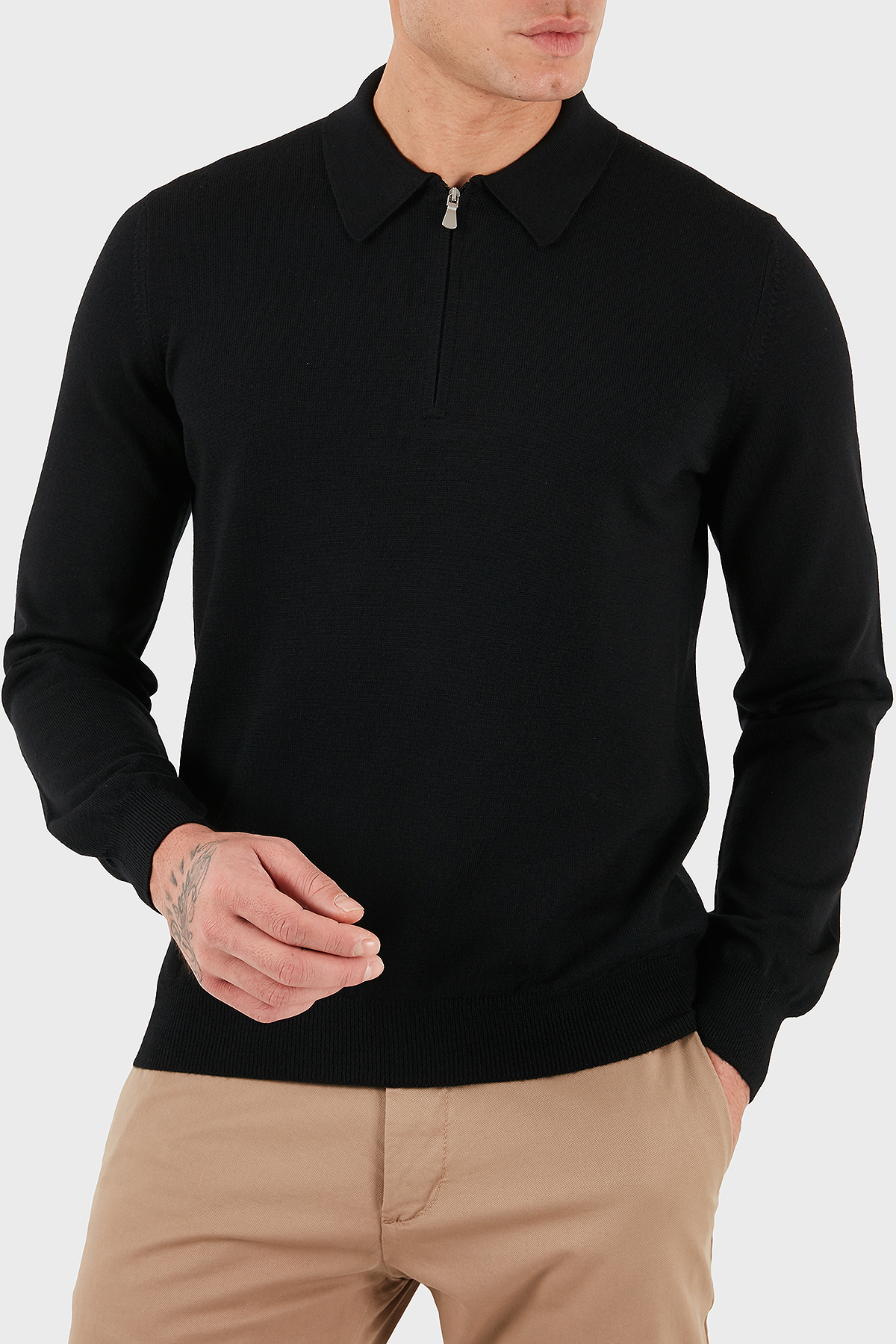 Gran Sasso % 100 Yün Regular Fit Yarım Fermuarlı Erkek Polo Yaka Kazak 55125 14290 099 SİYAH