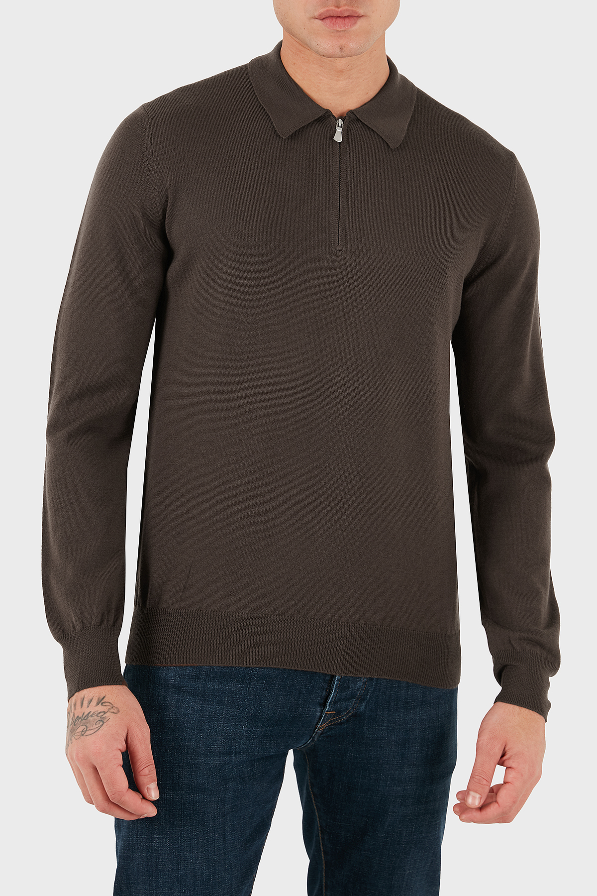 Gran Sasso % 100 Yün Regular Fit Yarım Fermuarlı Erkek Polo Yaka Kazak 55125 14290 177 KAHVE