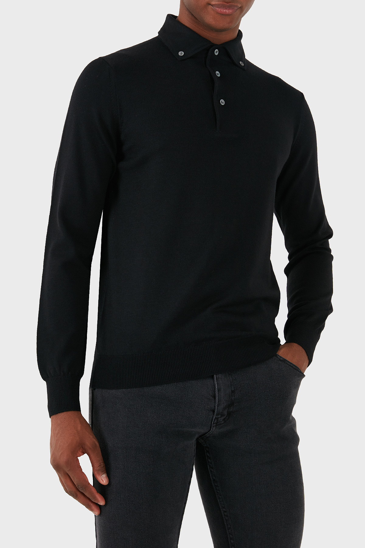 Gran Sasso % 100 Yün Slim Fit Düğmeli Erkek Polo Yaka Sweat 57163 14293 099 SİYAH