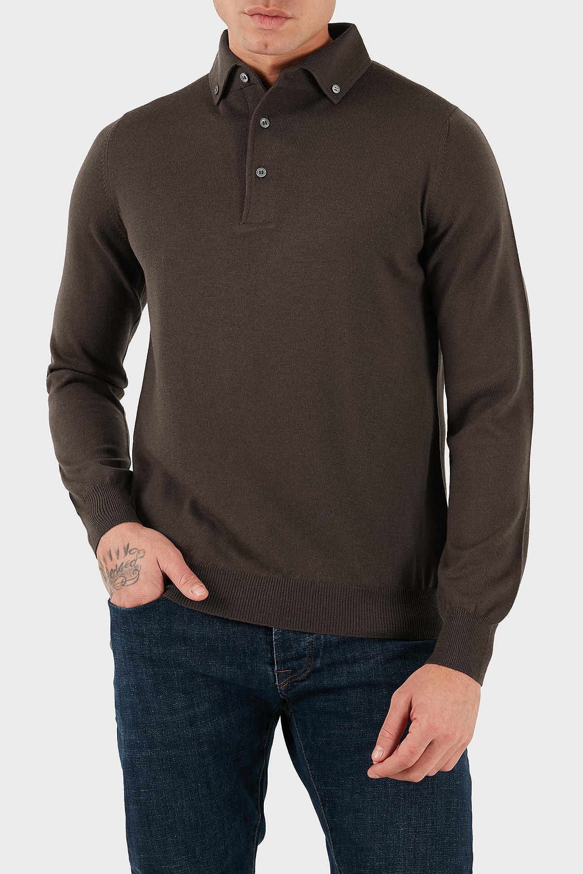 Gran Sasso % 100 Yün Slim Fit Düğmeli Erkek Polo Yaka Sweat 57163 14293 177 KAHVE