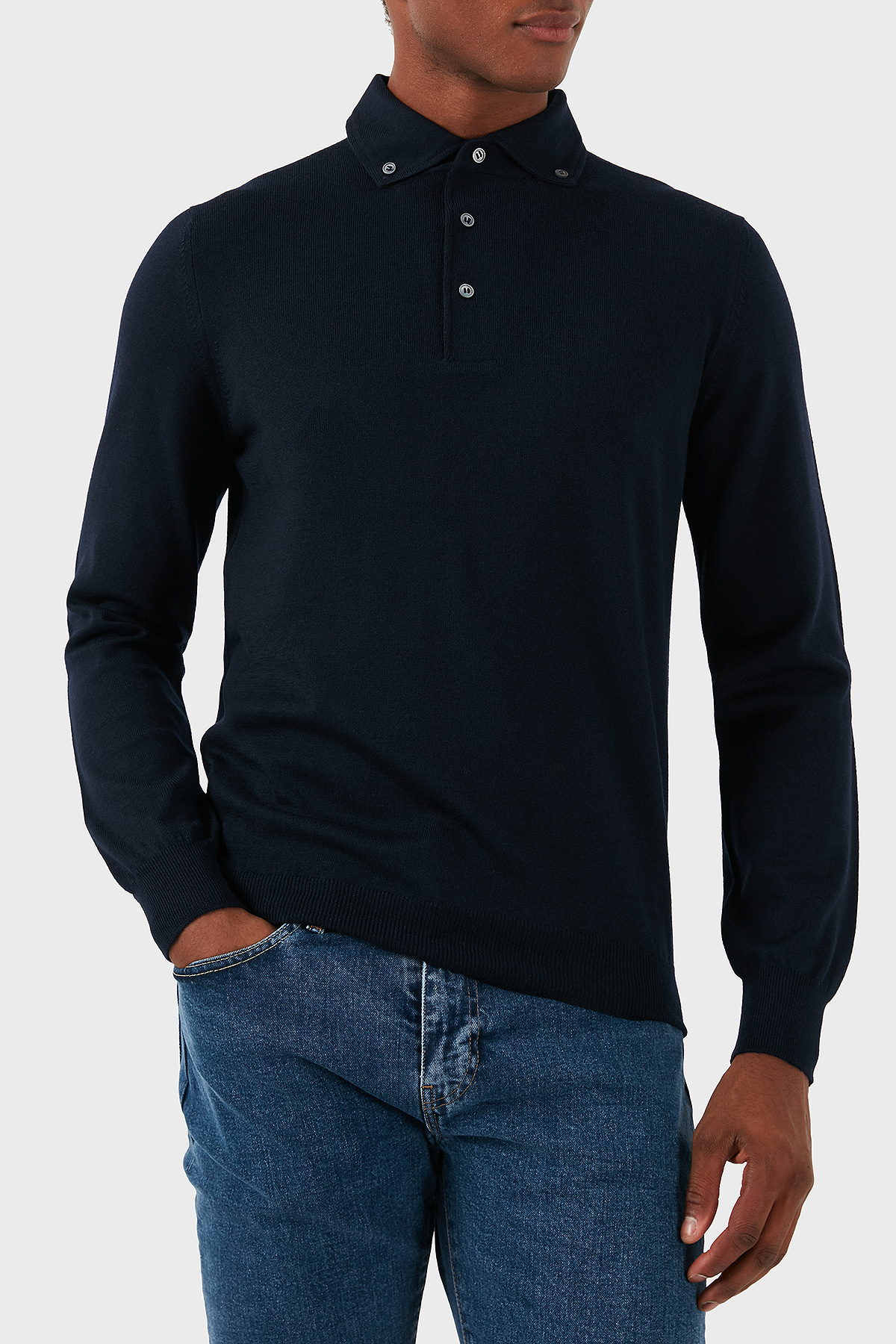 Gran Sasso % 100 Yün Slim Fit Düğmeli Erkek Polo Yaka Sweat 57163 14293 598 LACİVERT