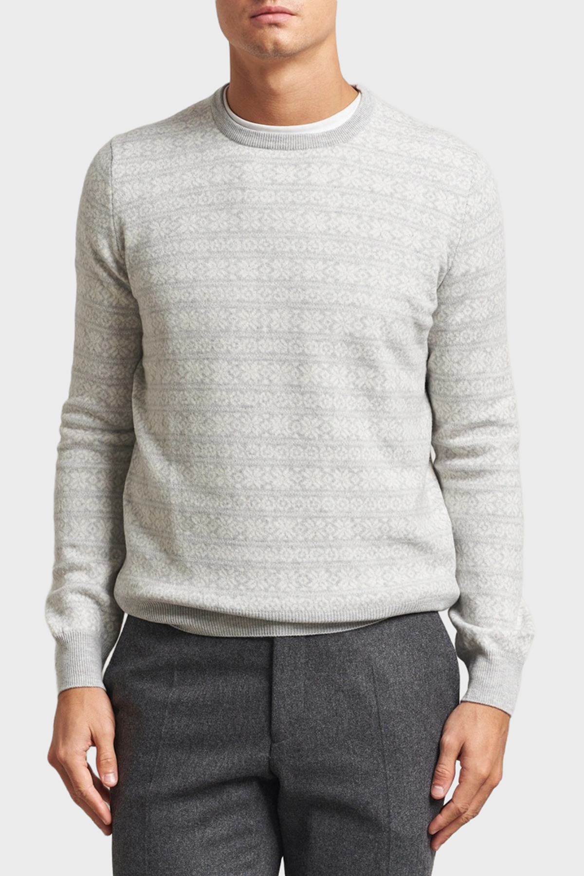 Gran Sasso Desenli Yün ve Kaşmir Karışımlı Slim Fit Bisiklet Yaka Erkek Kazak 58124 19655 044 GRİ