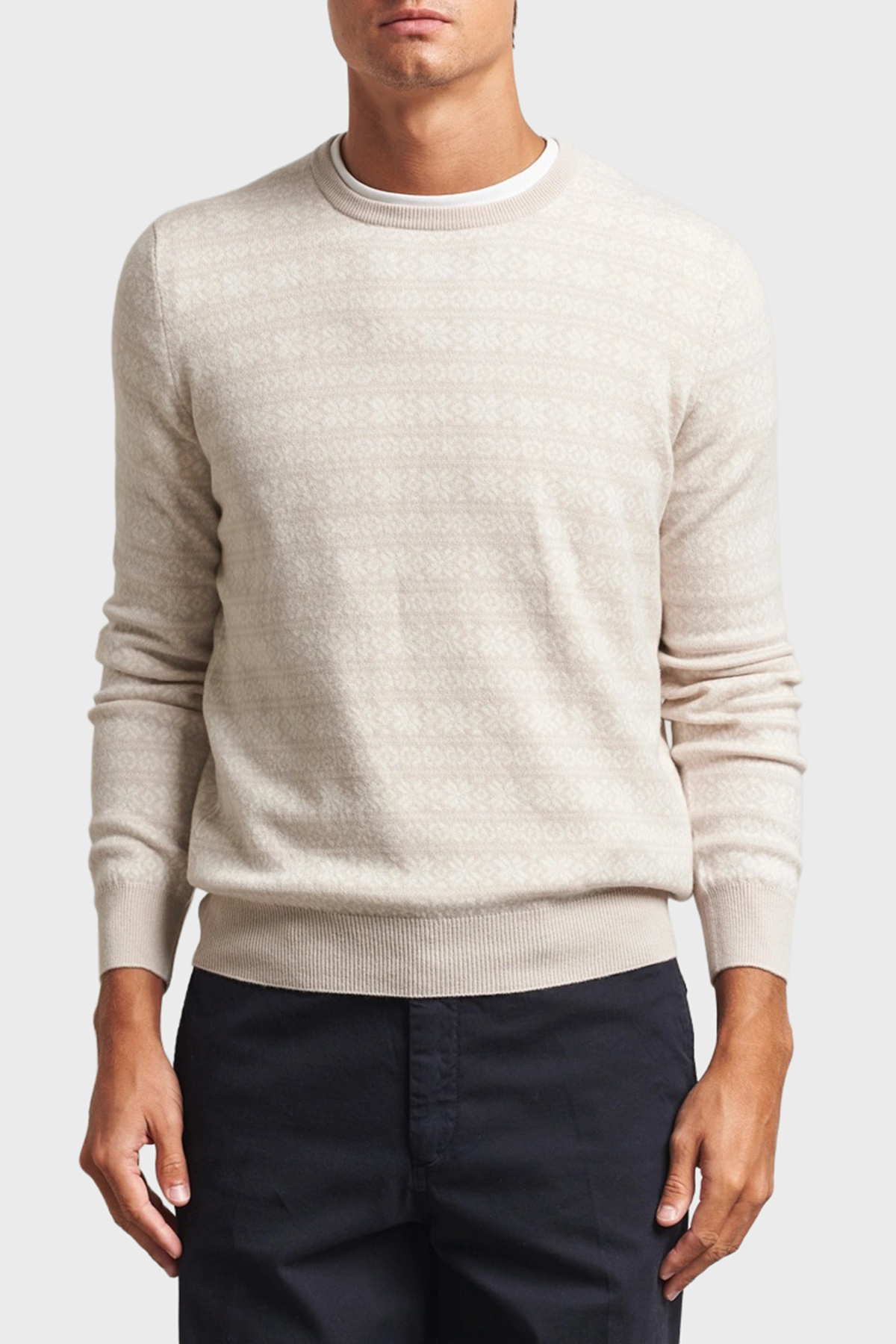 Gran Sasso Desenli Yün ve Kaşmir Karışımlı Slim Fit Bisiklet Yaka Erkek Kazak 58124 19655 113 EKRU