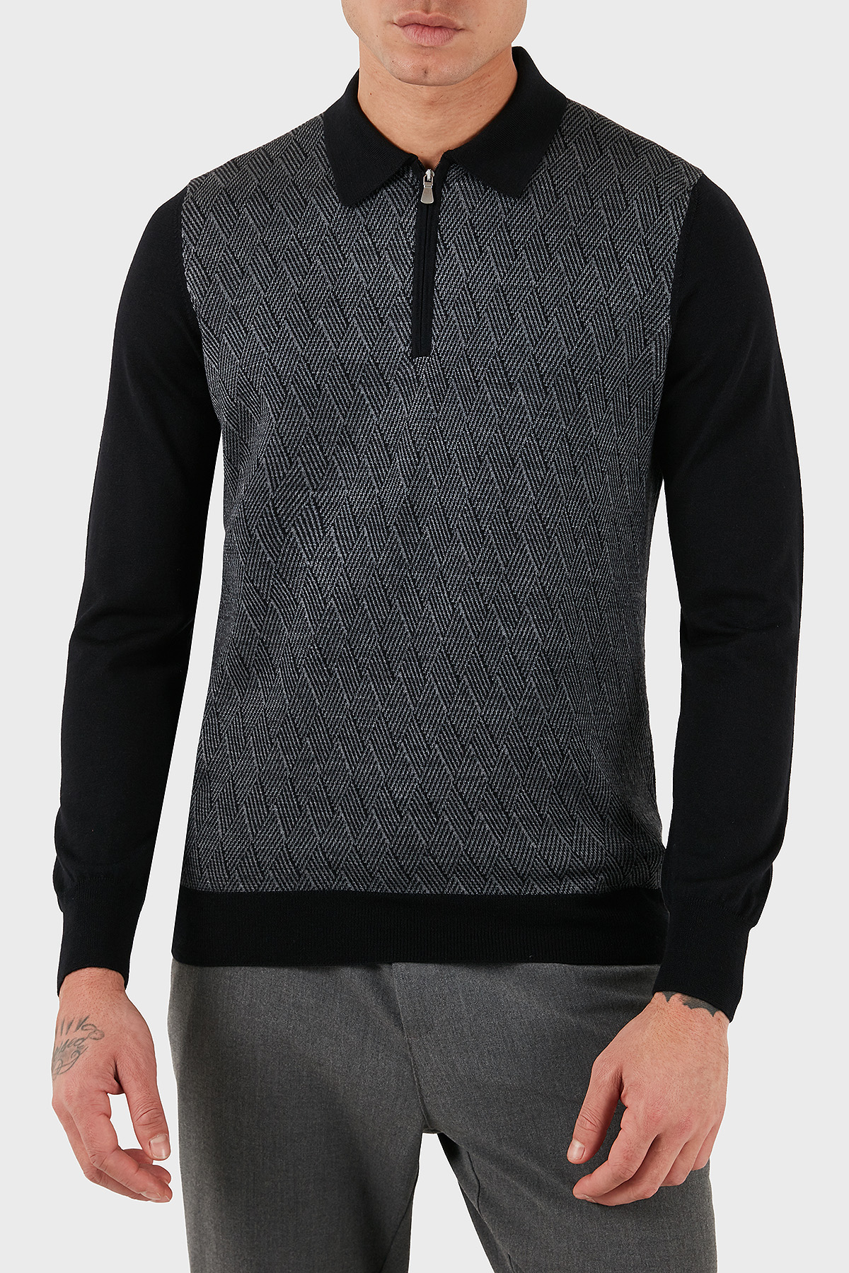 Gran Sasso Desenli Yün ve Pamuk Karışımlı Slim Fit Yarım Fermuarlı Polo Yaka Erkek Kazak 57137 13126 099 SİYAH