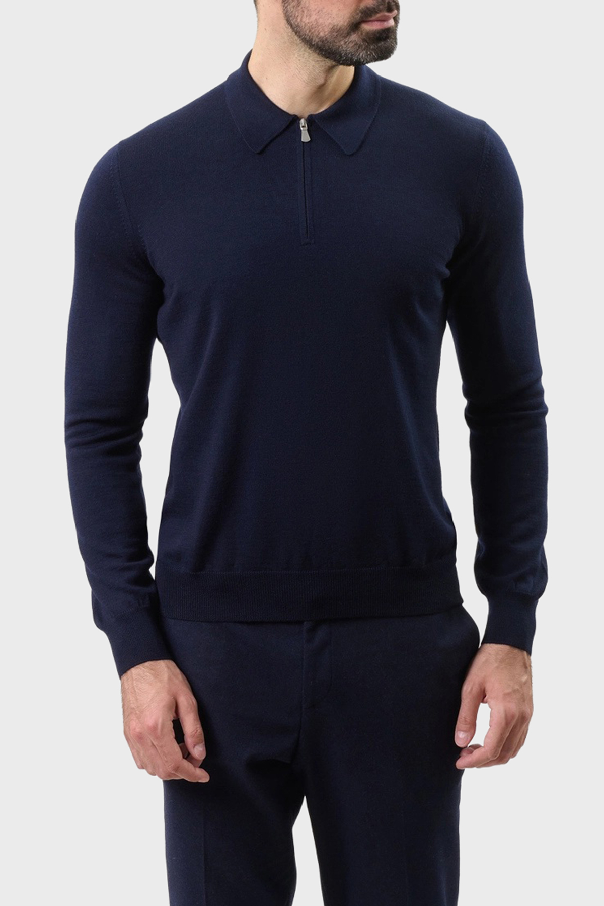 Gran Sasso Fitilli % 100 Yün Regular Fit Yarım Fermuarlı Erkek Polo Yaka Kazak 55125 14290 598 LACİVERT