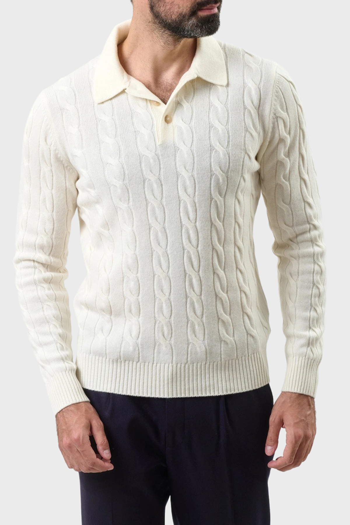 Gran Sasso Yün ve Kaşmir Karışımlı Regular Fit Erkek Polo Yaka Kazak 23172 19651 001 EKRU