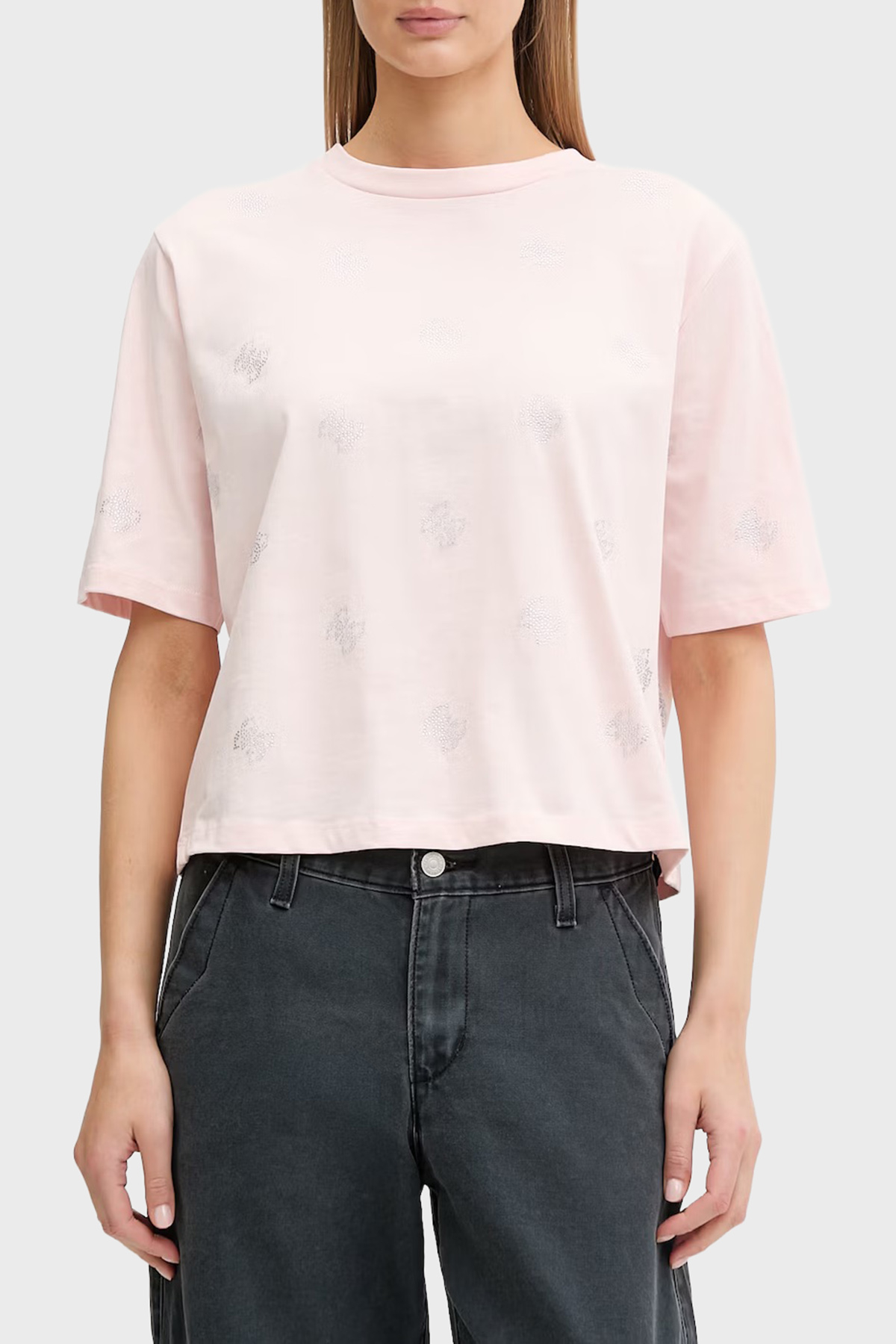 Guess % 100 Pamuk Taşlı Logo Detaylı Bisiklet Yaka  V6GI18K2985 Kadın T Shirt V6GI18 K2985 G63M PUDRA