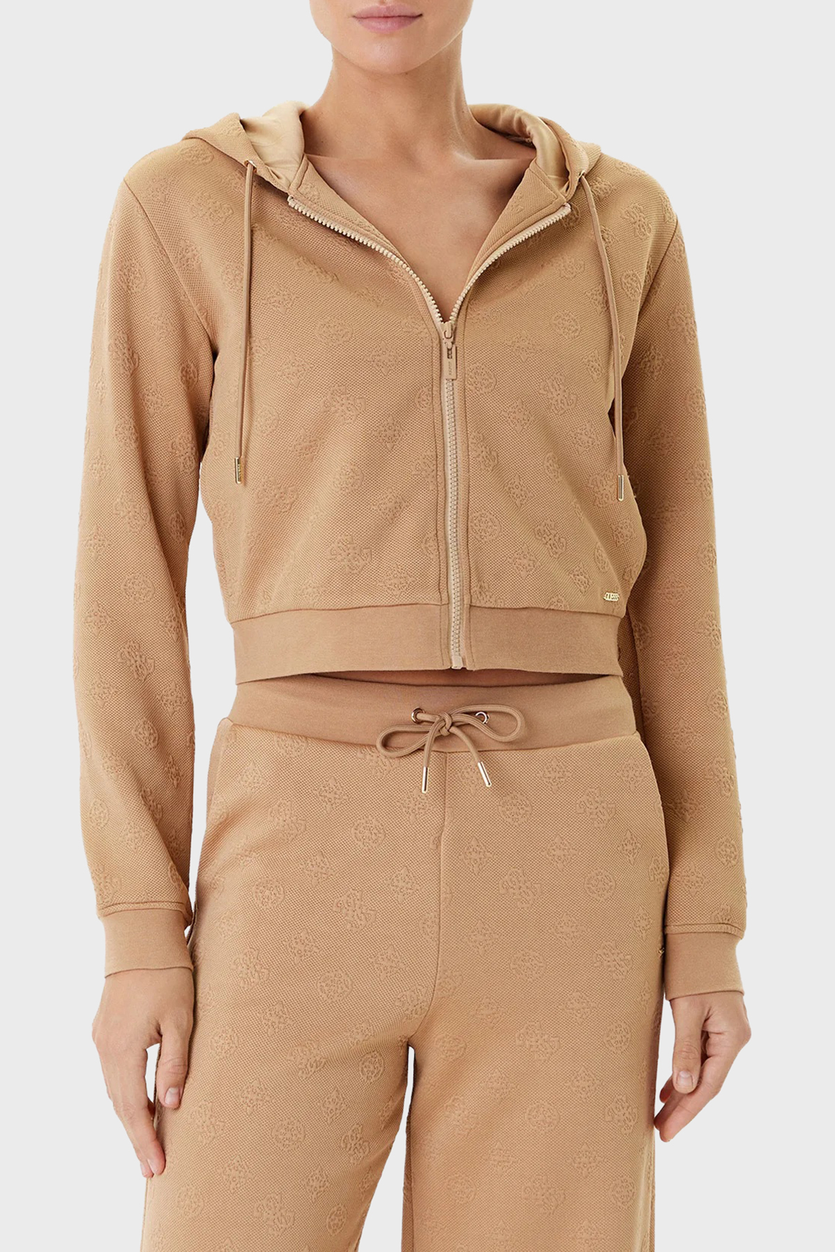 Guess 3D Peony Jakarlı Regular Fit Kapüşonlu Crop  V5YQ06KBSL2 Kadın Sweat V5YQ06 KBSL2 FNDQ VİZON