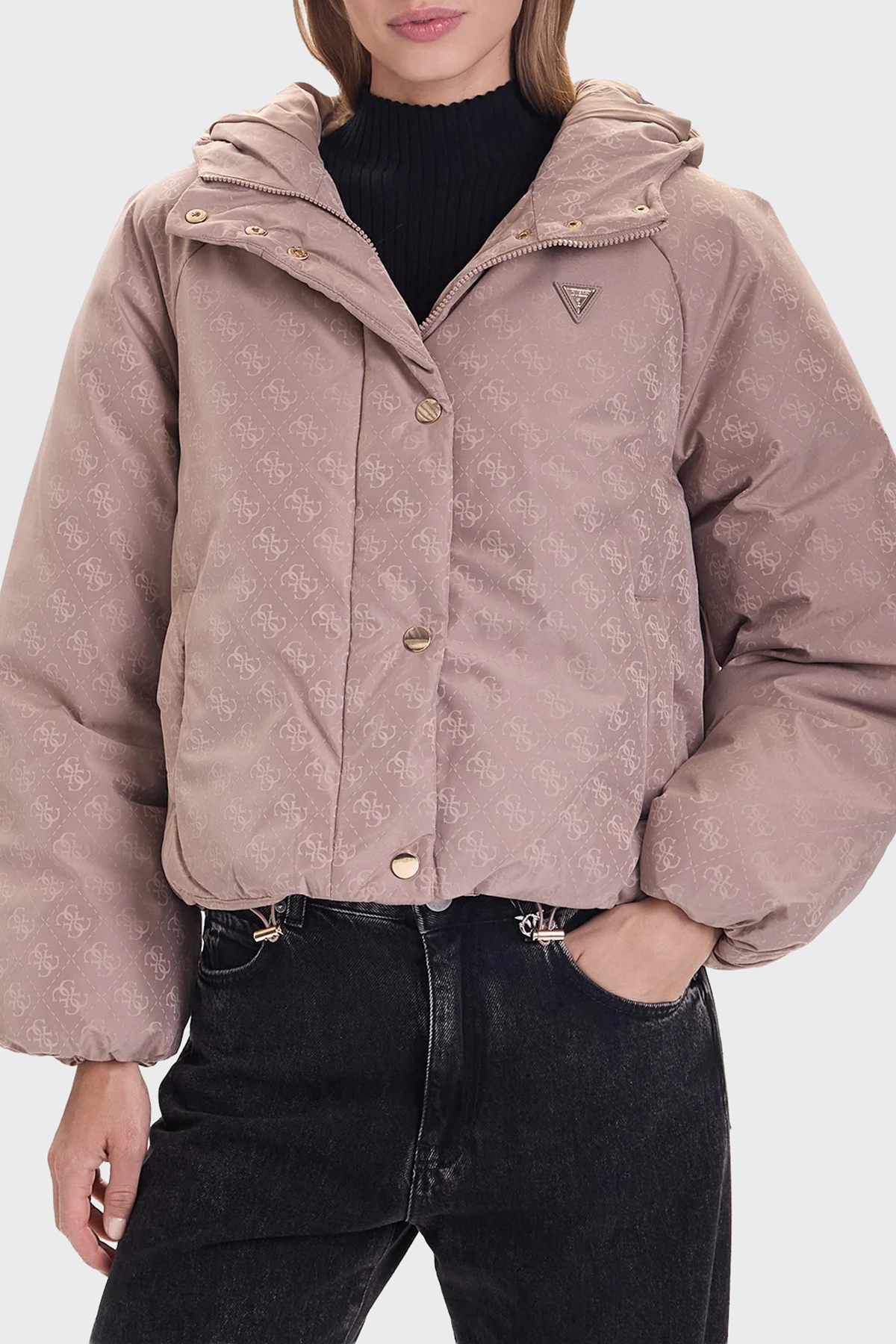 Guess 4G Boxy Tamamı Logolu Relaxed Fit Kapüşonlu Şişme  V5BL07WGLW2 Kadın Mont V5BL07 WGLW2 FNGX VİZON