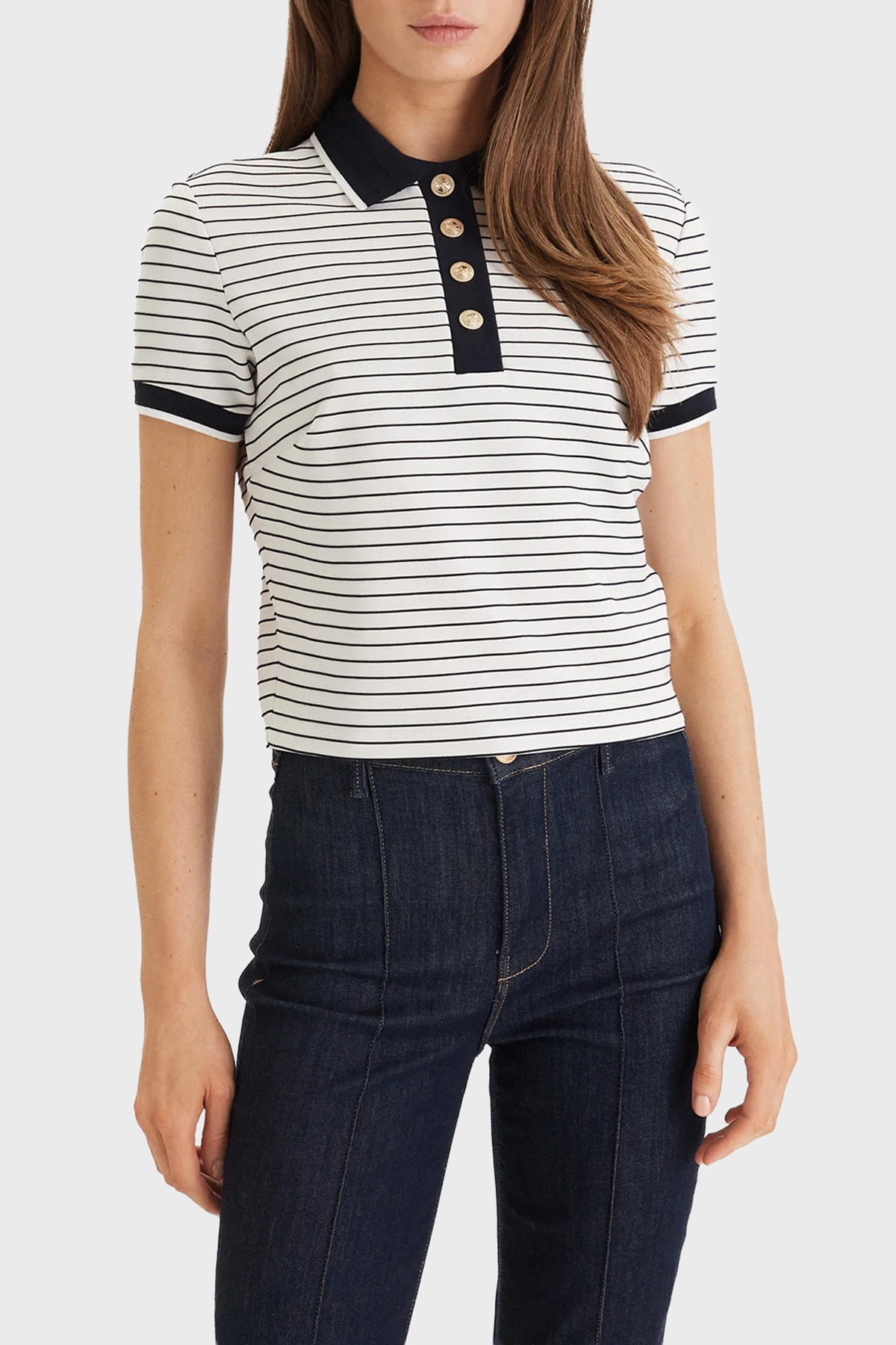 Guess Alphonsin Çizgili Slim Fit Düğmeli Polo  W6GP17 K2946 Kadın T Shirt W6GP17 K2946 S0AK BEYAZ-SİYAH