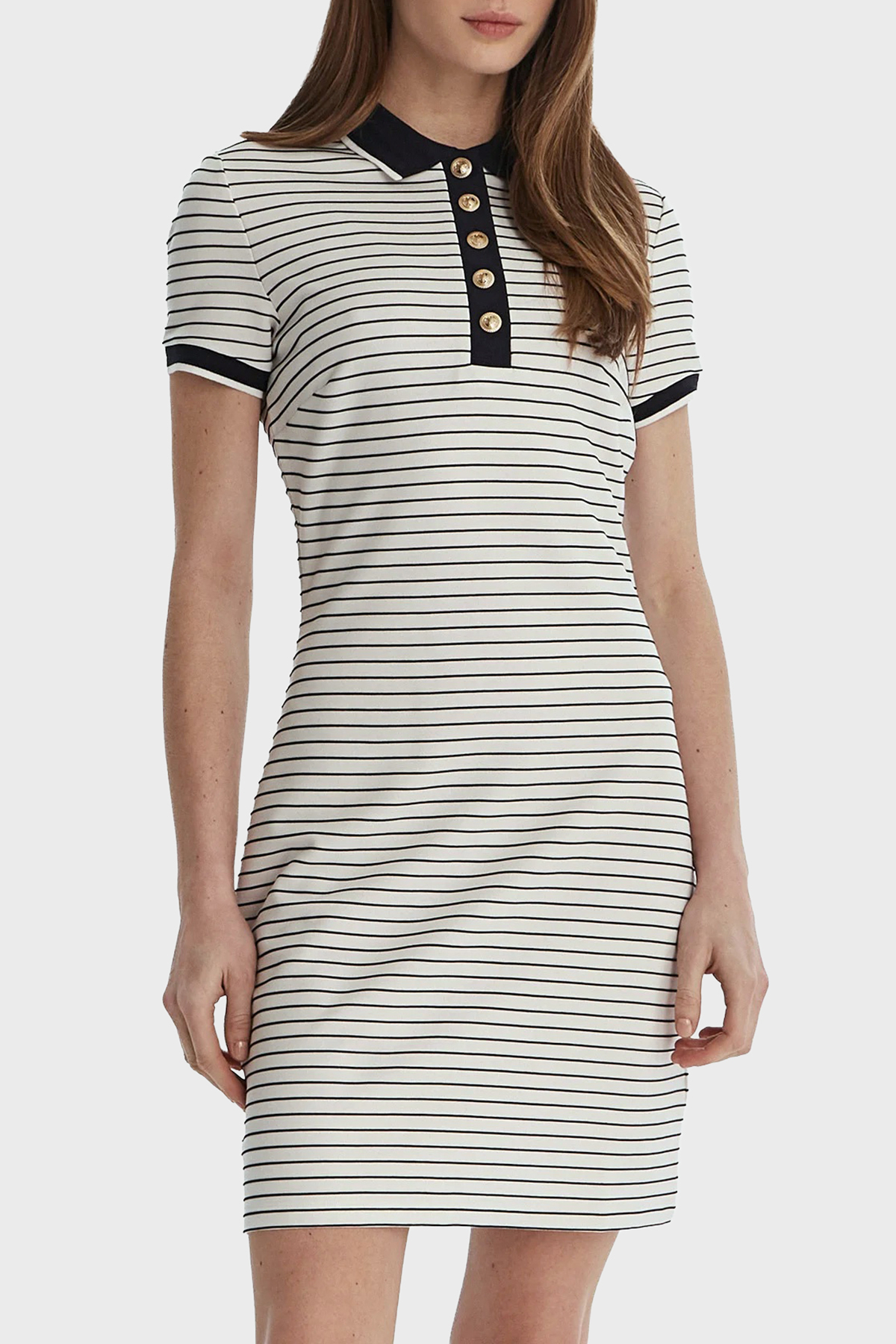 Guess Alphonsin Regular Fit Düğmeli Polo Yaka Çizgili Mini  W6GK14K2948 Kadın Elbise W6GK14 K2948 S0AK BEYAZ-SİYAH