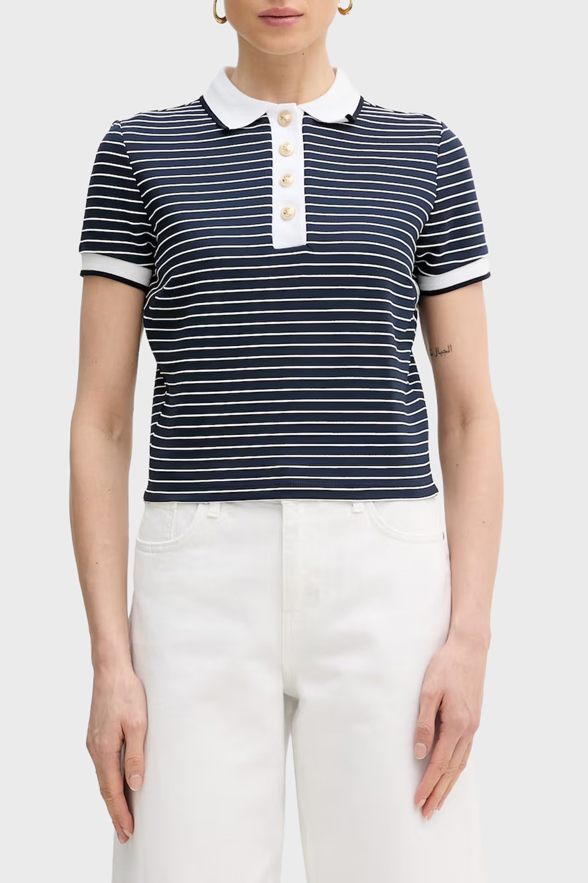 Guess Alphonsin Slim Fit Çizgili Düğmeli  W6GP17K2946 Kadın Polo W6GP17 K2946 SB09 LACİVERT