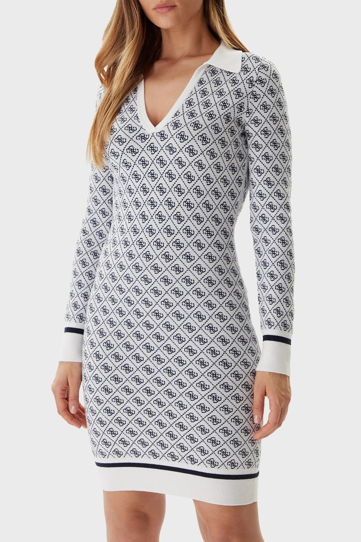 Guess Aubrey Yün Karışımlı Logolu Slim Fit V Yaka Mini  W5BK25Z3JD2 Kadın Elbise W5BK25 Z3JD2 F0YU BEYAZ