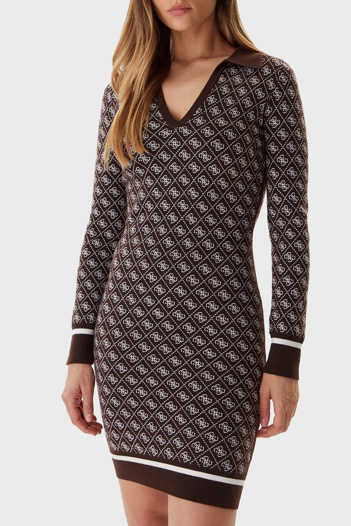 Guess Aubrey Yün Karışımlı Logolu Slim Fit V Yaka Mini  W5BK25Z3JD2 Kadın Elbise W5BK25 Z3JD2 FNHT KAHVE