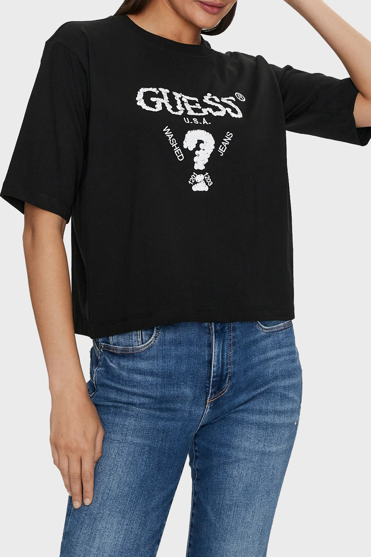 Guess Aurelie Pamuklu Payetli Relaxed Fit Bisiklet Yaka  V4YI06I3Z14 Kadın T Shirt V4YI06 I3Z14 FJ8N SİYAH