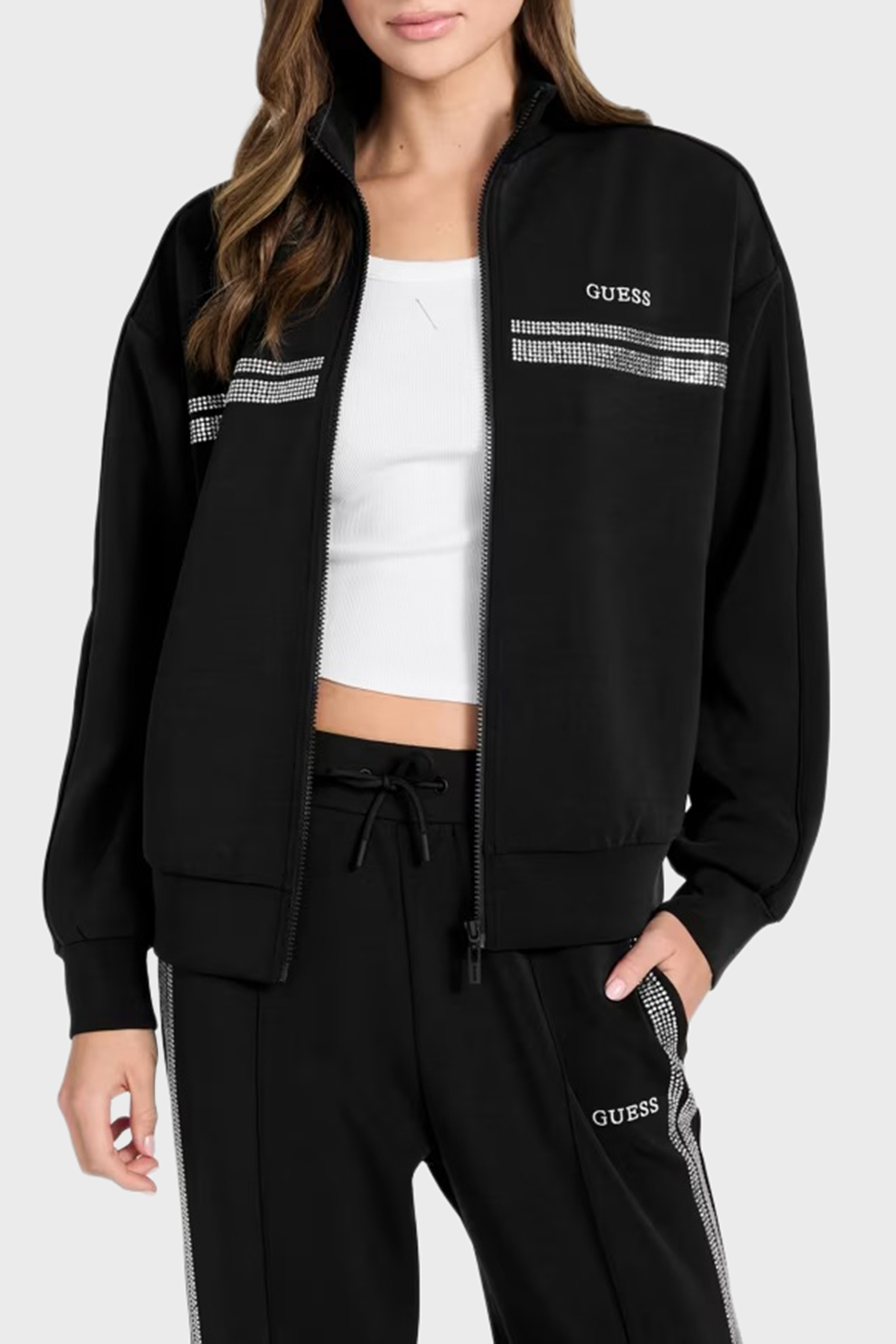 Guess Berthe Taş Detaylı Modal Karışımlı Regular Fit Fermuarlı  V6RQ01KCAY2 Kadın Sweat V6RQ01 KCAY2 JBLK SİYAH
