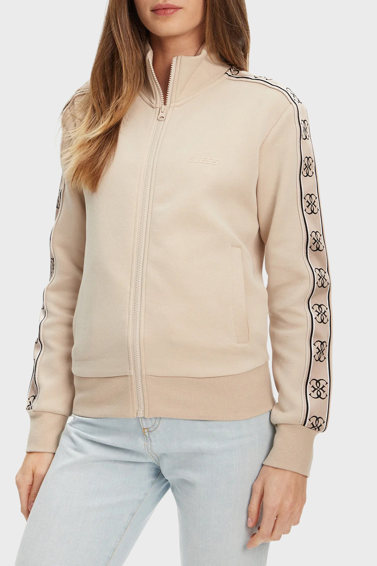 Guess Britney Pamuklu Logolu Regular Fit Dik Yaka  V2YQ16KB3P2 Kadın Sweat V2YQ16 KB3P2 A90F BEJ