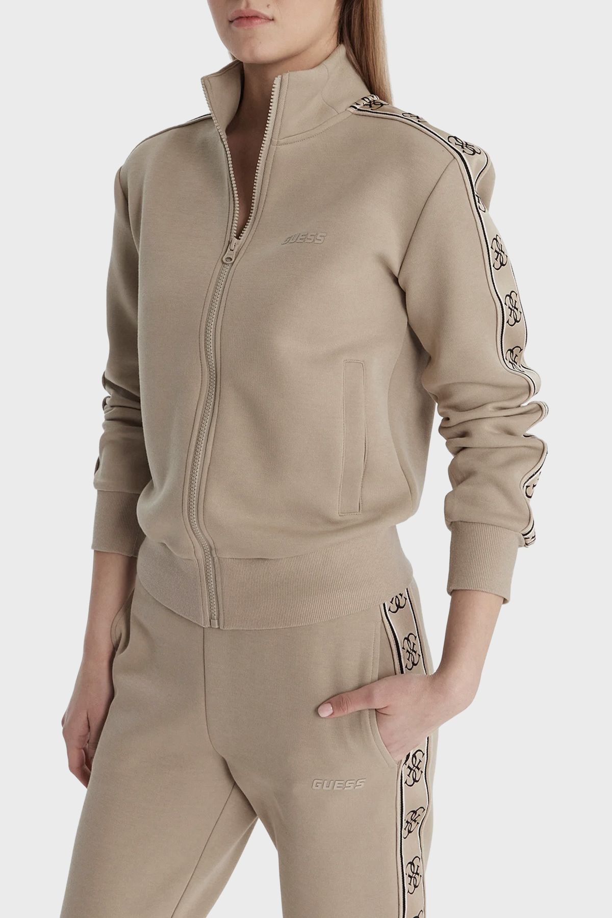 Guess Britney Regular Fit Dik Yaka Fermuarlı  V2YQ16KB3P2 Kadın Sweat V2YQ16 KB3P2 G1CA BEJ