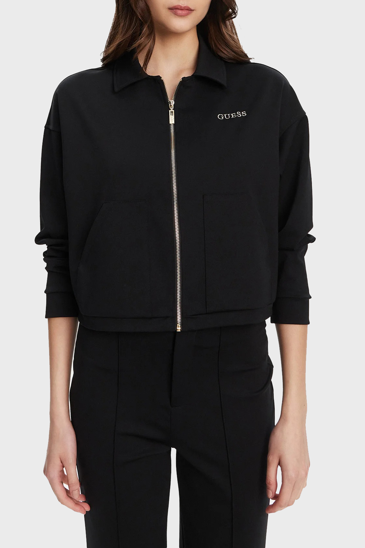 Guess Carla Logolu Regular Fit Klasik Yaka Crop  V5YL08KCX42 Kadın Ceket V5YL08 KCX42 JBLK SİYAH