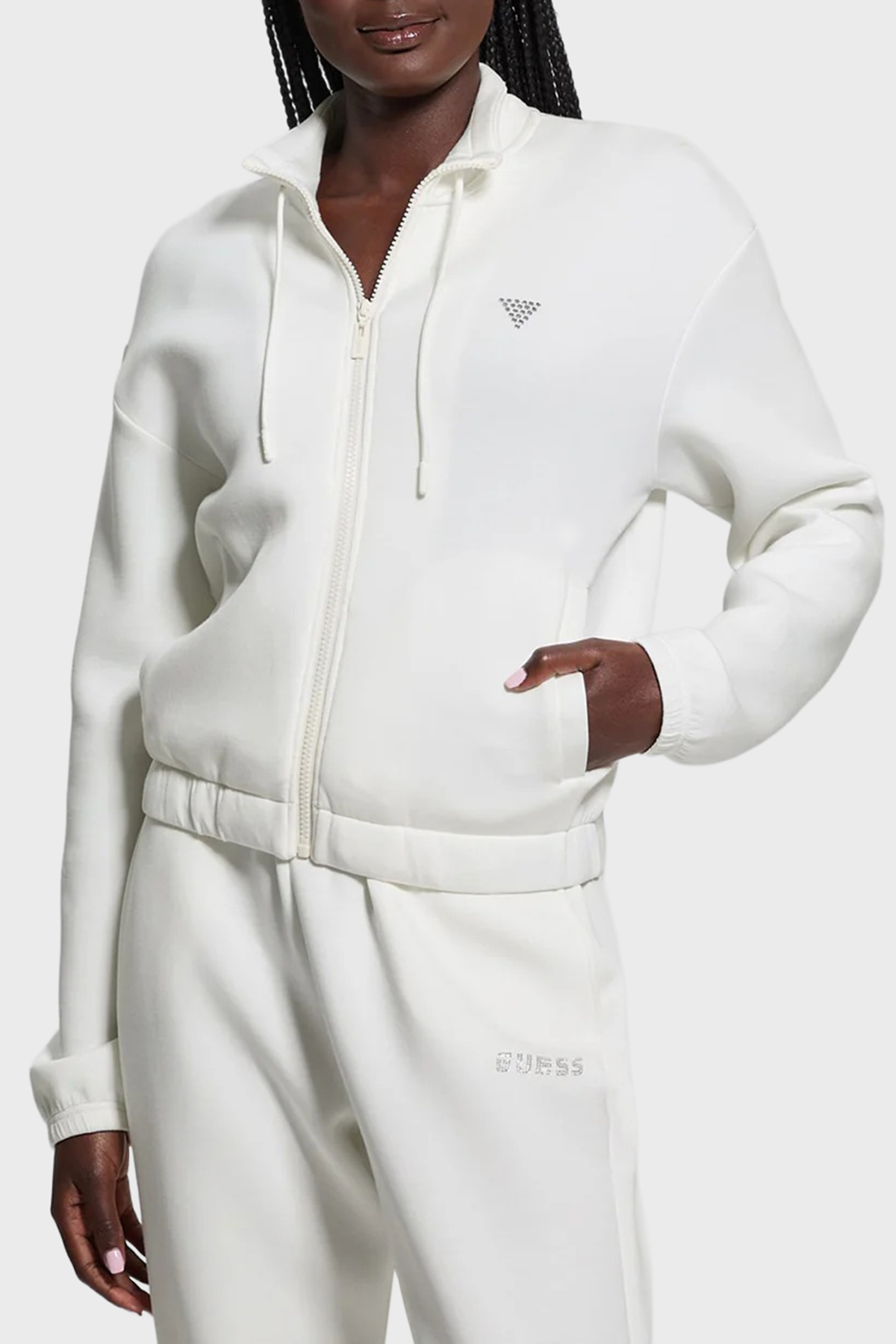Guess Cecilia Scuba Regular Fit  Arkası Taşlı Logolu Fermuarlı  V4BQ14K7UW2 Kadın Sweat V4BQ14 K7UW2 G6K5 KREM