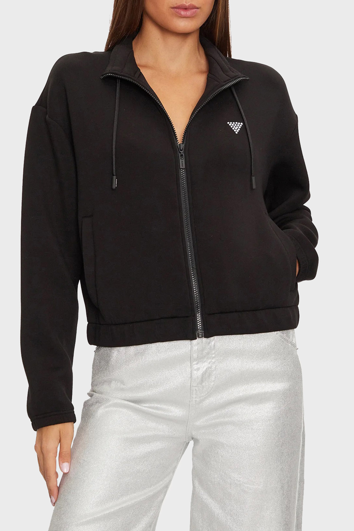 Guess Ceilia Regular Fit Dik Yaka Fermuarlı Arkası Taşlı Logolu  V4BQ14K7UW2 Kadın Sweat V4BQ14 K7UW2 JBLK SİYAH