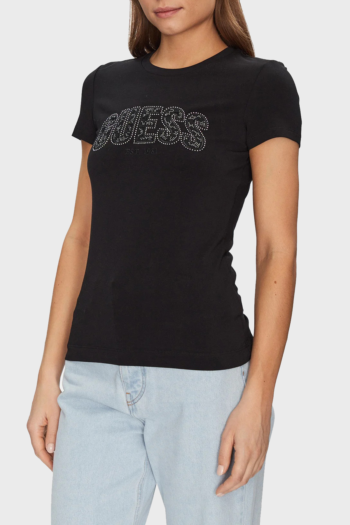 Guess Cn Ss Logo Streç Pamuklu Slim Fit Bisiklet Yaka  W5GI04J1314 Kadın T Shirt W5GI04 J1314 JBLK SİYAH