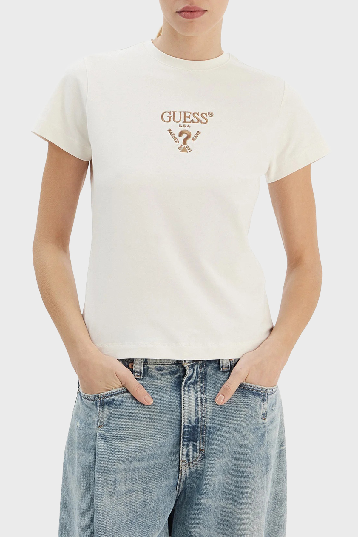 Guess Colette Pamuklu Slim Fit Logolu Bisiklet Yaka  V4YI21KCDH1 Kadın T Shirt V4YI21 KCDH1 D001 BEYAZ