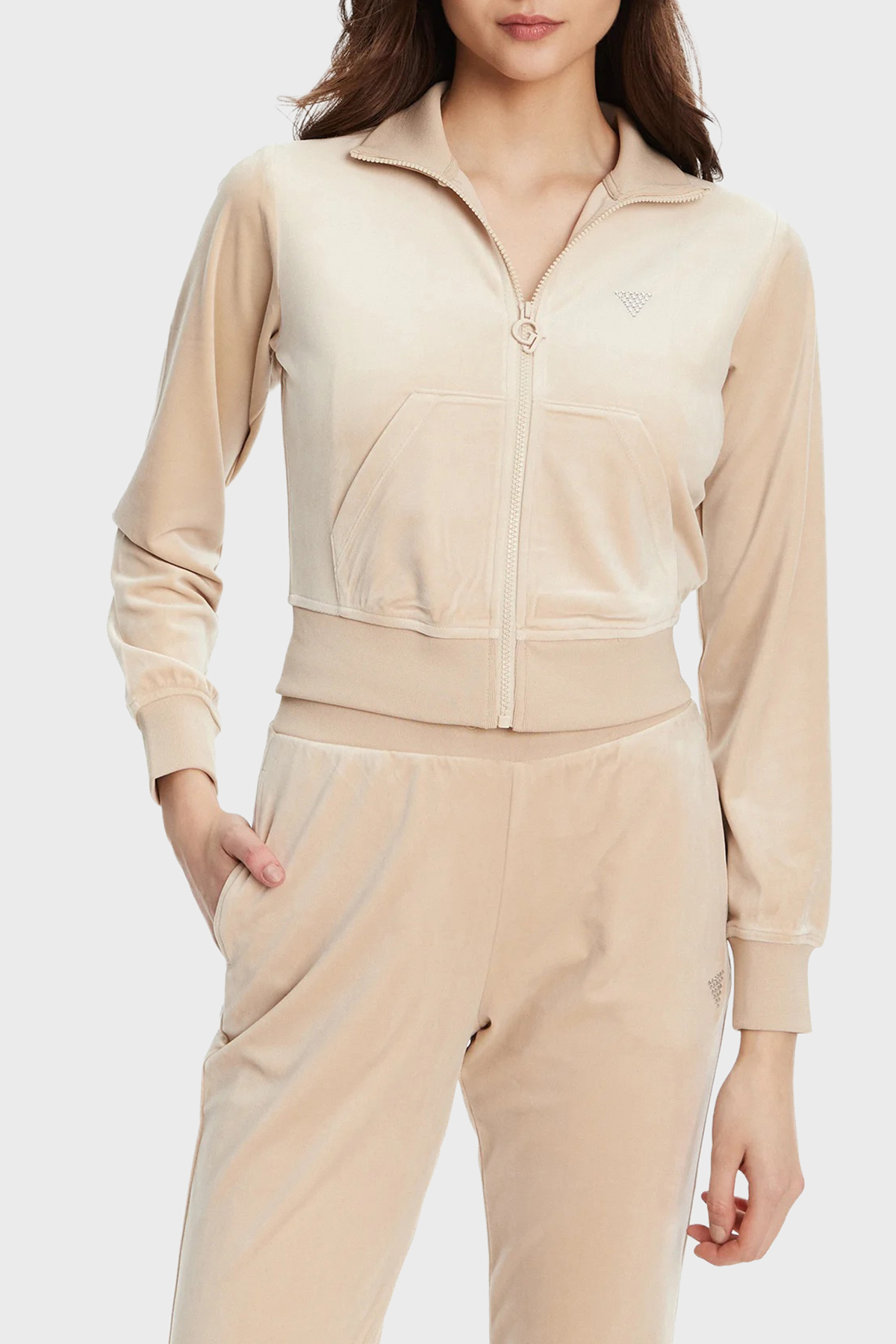 Guess Couture Taşlı Regular Fit Dik Yaka Kadife Crop  V3BQ22K0232 Kadın Sweat V3BQ22 K0232 A90F BEJ