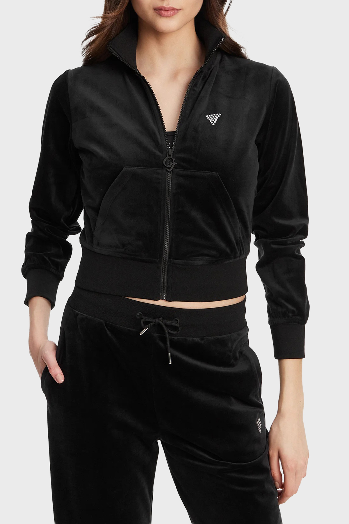 Guess Couture Taşlı Regular Fit Dik Yaka Kadife Crop  V3BQ22K0232 Kadın Sweat V3BQ22 K0232 JBLK SİYAH
