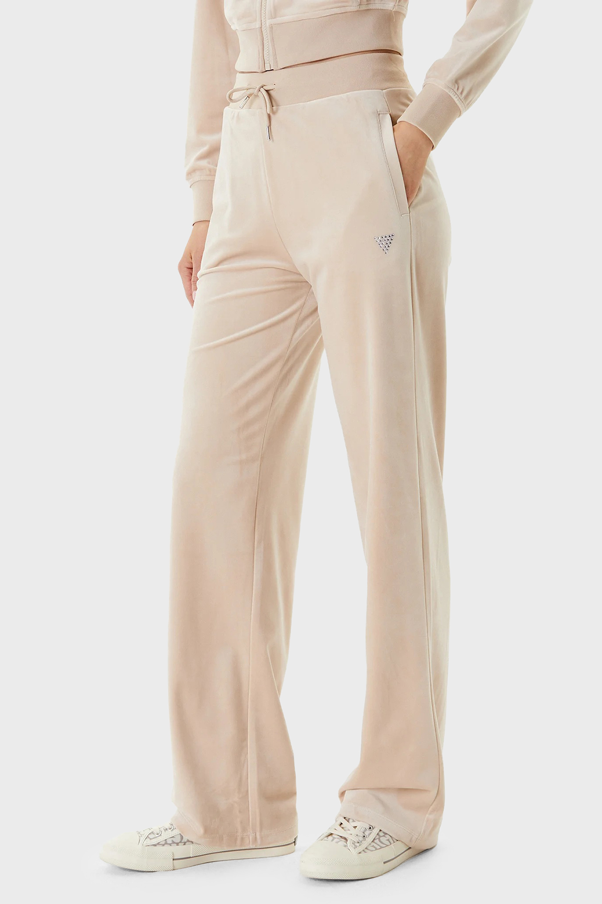 Guess Couture Taşlı Regular Fit Yüksek Bel Kadife Jogger  V3BB26K0232 Kadın Pantolon V3BB26 K0232 A90F BEJ