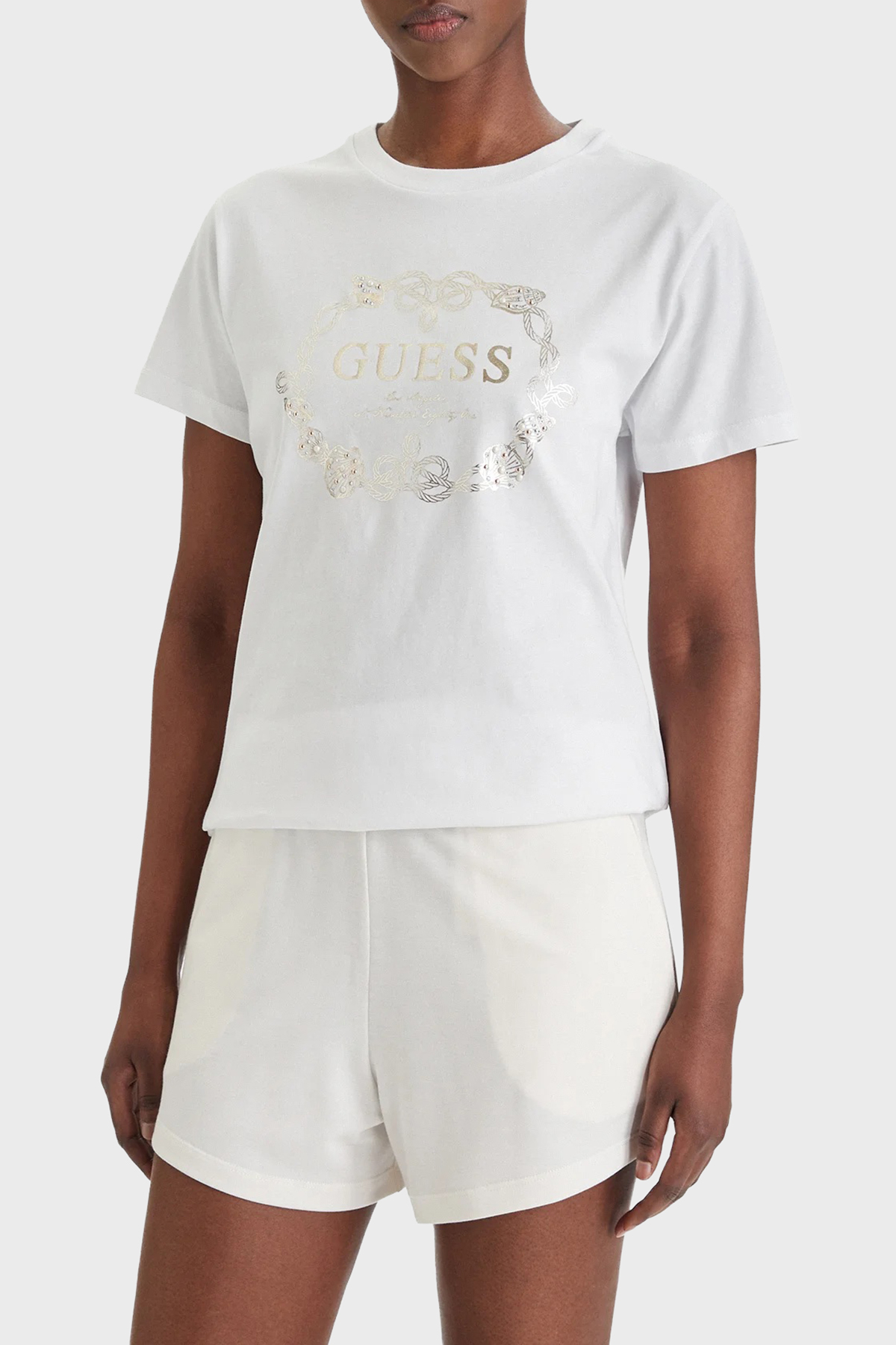 Guess Eva Logolu Pamuklu Boxy Fit Bisiklet Yaka  E6GI00I3Z14 Kadın T Shirt E6GI00 I3Z14 G011 BEJ
