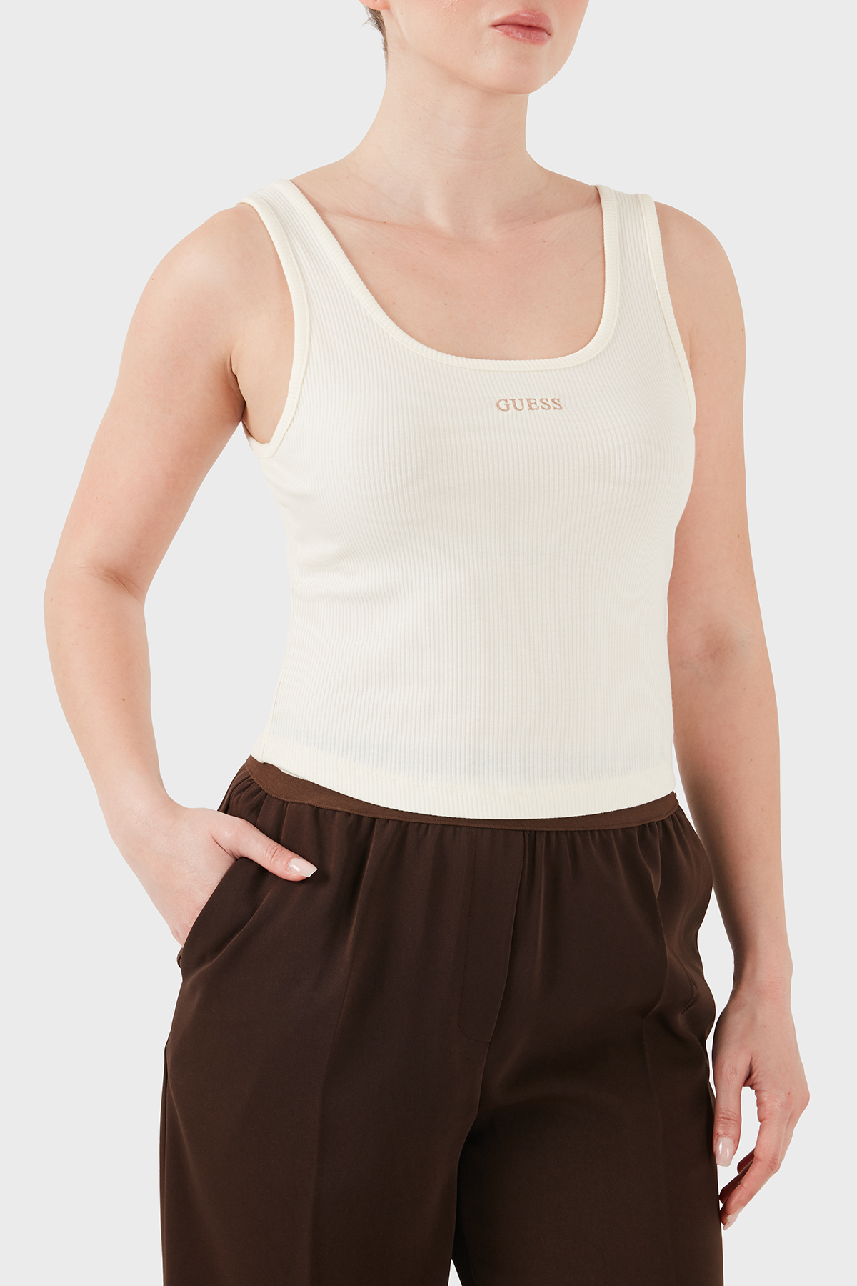 Guess Fitilli Slim Fit Yuvarlak Yaka  V6GP05K2970 Kadın Top V6GP05 K2970 G1O6 KREM