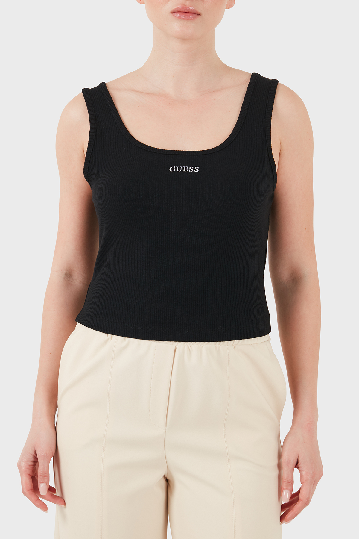 Guess Fitilli Slim Fit Yuvarlak Yaka  V6GP05K2970 Kadın Top V6GP05 K2970 JBLK SİYAH