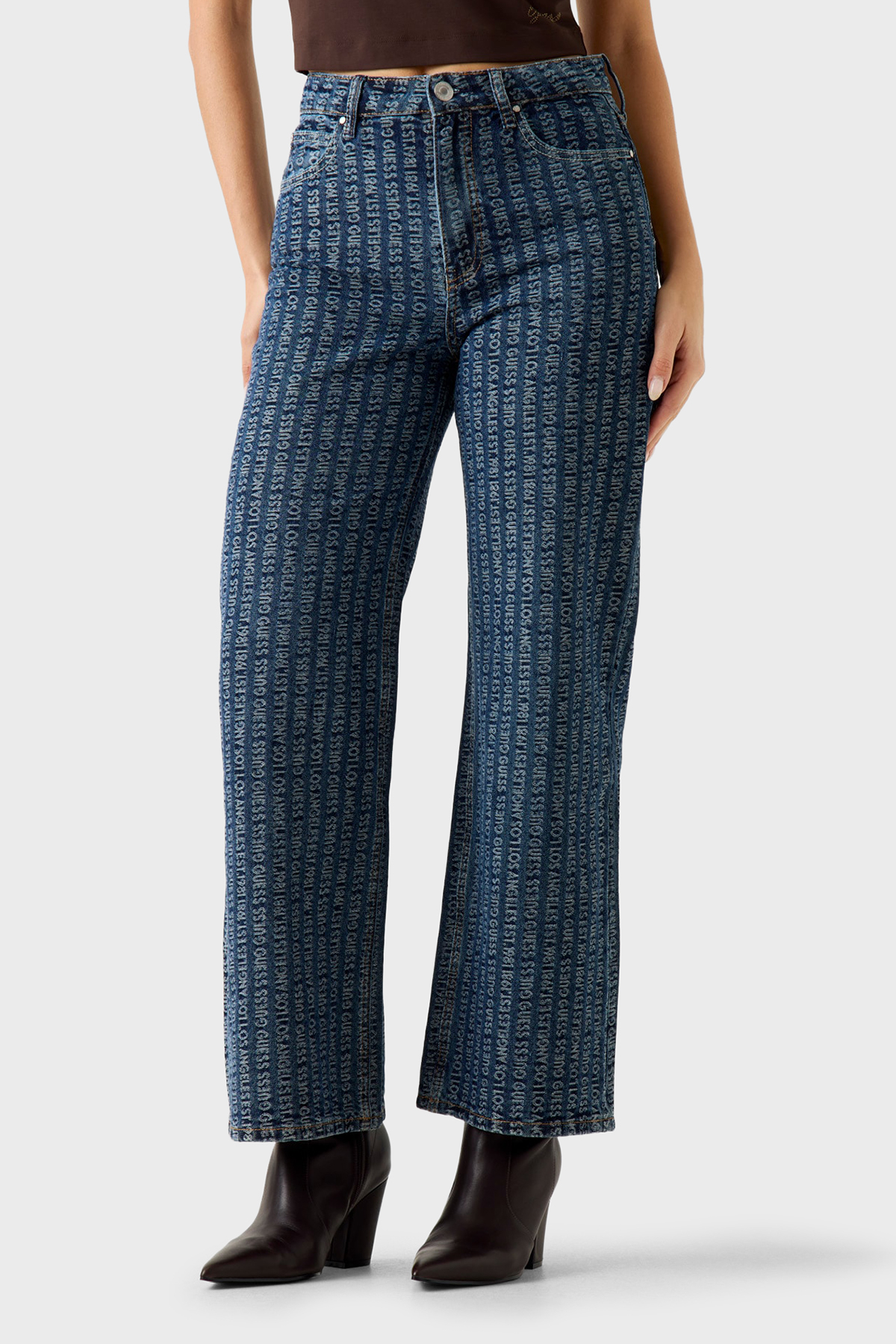Guess Indigo Tamamı Logolu Relaxed Fit Yüksek Bel Geniş Paça Jean W6RA1AD6851 Kadın Kot Pantolon W6RA1A D6851 TKM0 MAVİ