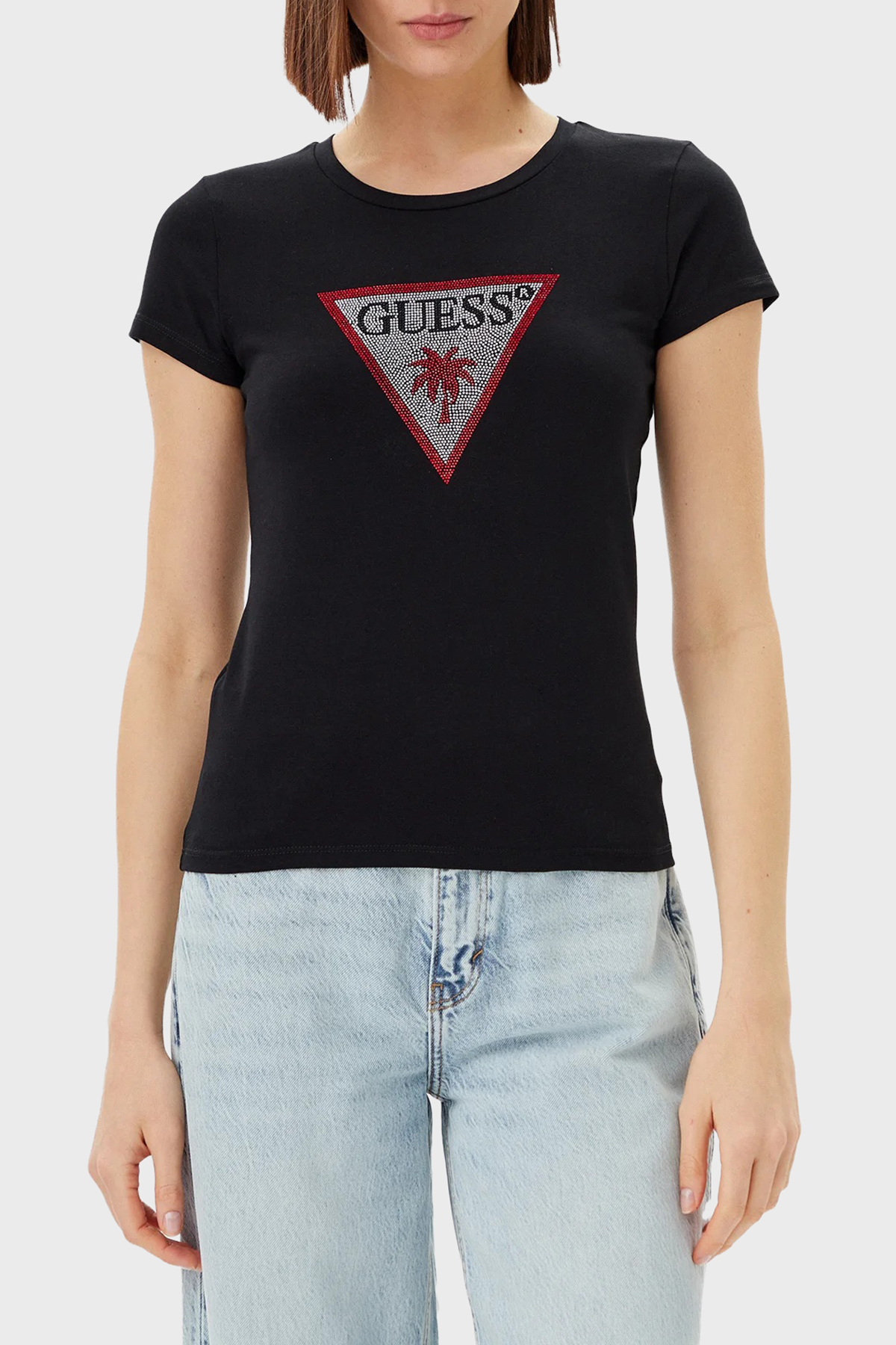 Guess Jersey Logolu Pamuklu Slim Fit Bisiklet Yaka  E5GI08J1314 Kadın T Shirt E5GI08 J1314 JBLK SİYAH