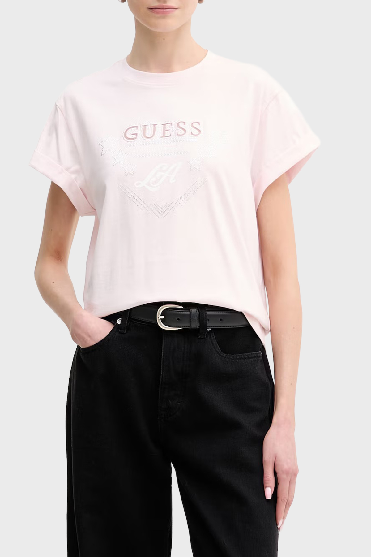 Guess Jersey Pamuklu Taş Detaylı Regular Fit Bisiklet Yaka  W6RI30I3Z14 Kadın T Shirt W6RI30 I3Z14 A627 PEMBE