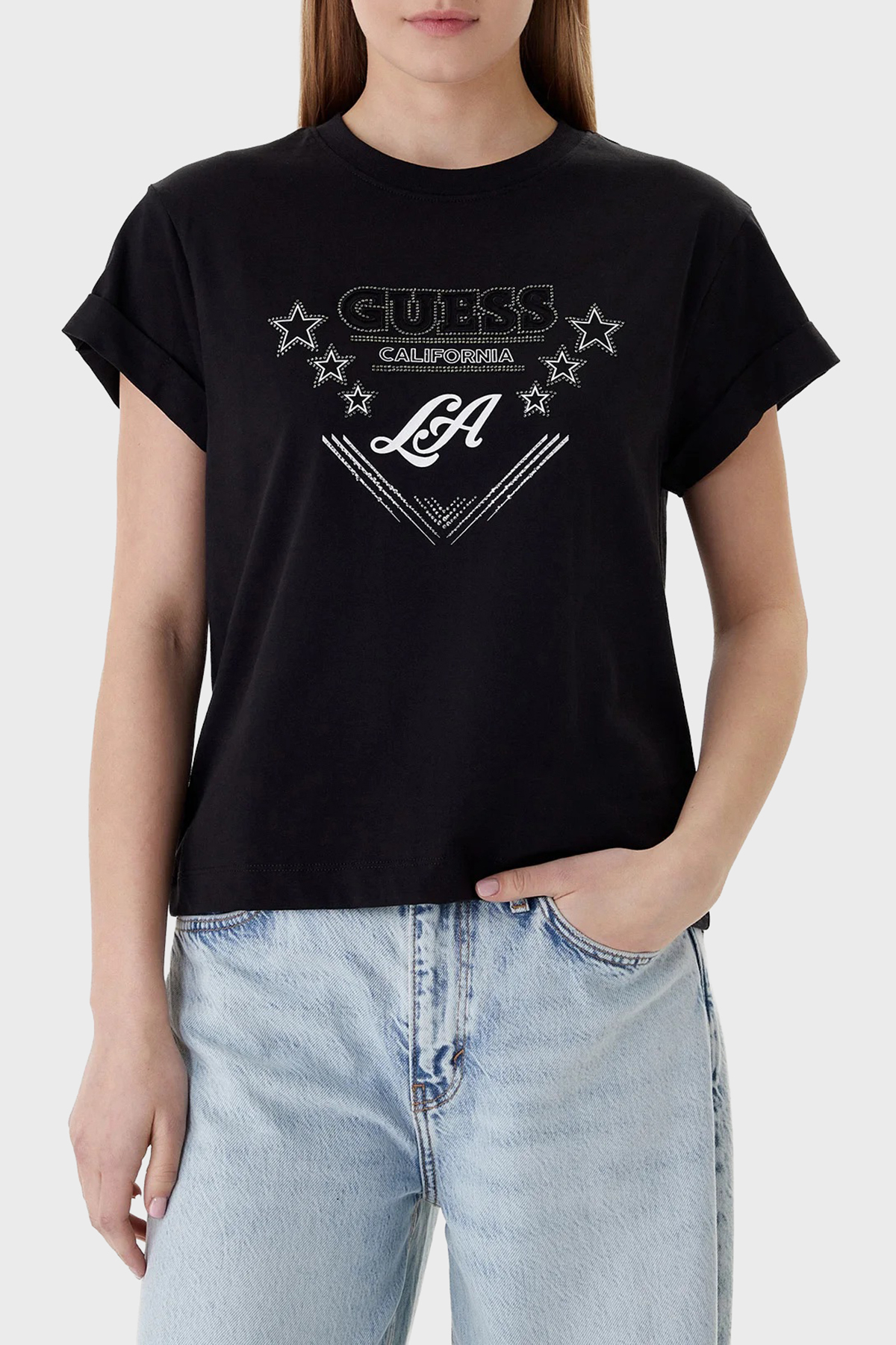 Guess Jersey Pamuklu Taş Detaylı Regular Fit Bisiklet Yaka  W6RI30I3Z14 Kadın T Shirt W6RI30 I3Z14 JBLK SİYAH