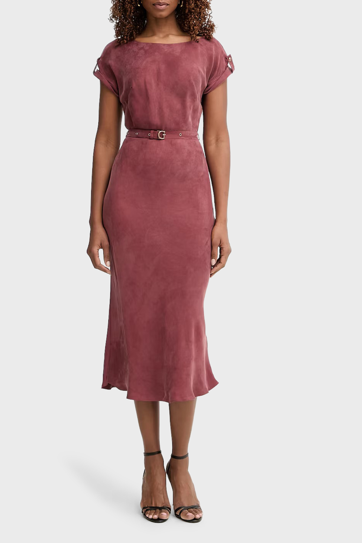 Guess Kemerli Bisiklet Yaka Midi Boy  W6GK50W1950 Kadın Elbise W6GK50 W1950 G594 BORDO