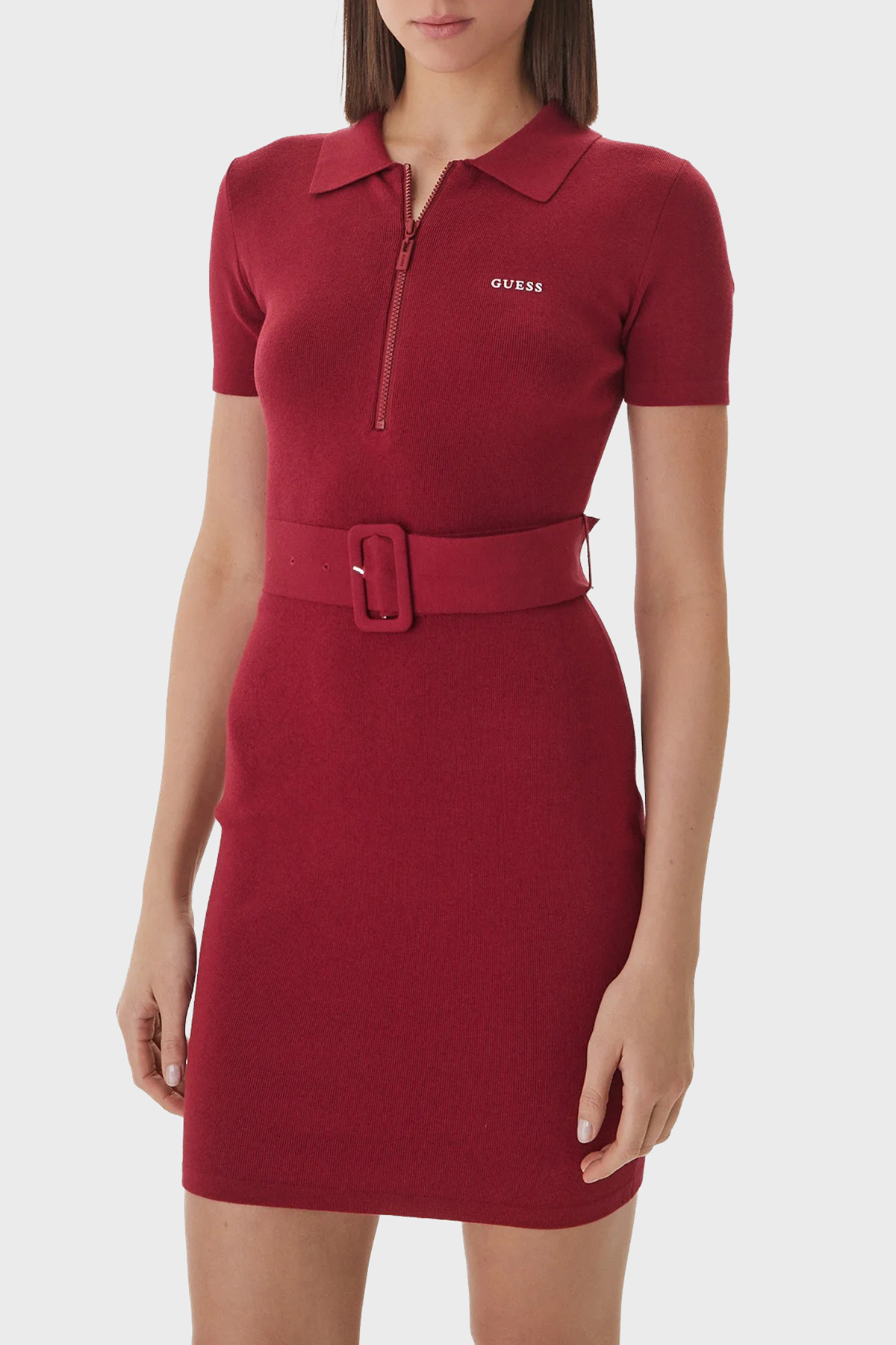 Guess Laurene Slim Fit Kemer Detaylı Fermuarlı Polo Yaka Triko  V6RK08Z4642 Kadın Elbise V6RK08 Z4642 G5B7 BORDO