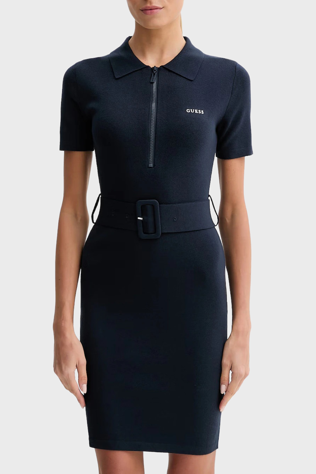 Guess Laurene Slim Fit Kemer Detaylı Fermuarlı Polo Yaka Triko  V6RK08Z4642 Kadın Elbise V6RK08 Z4642 G7R1 LACİVERT