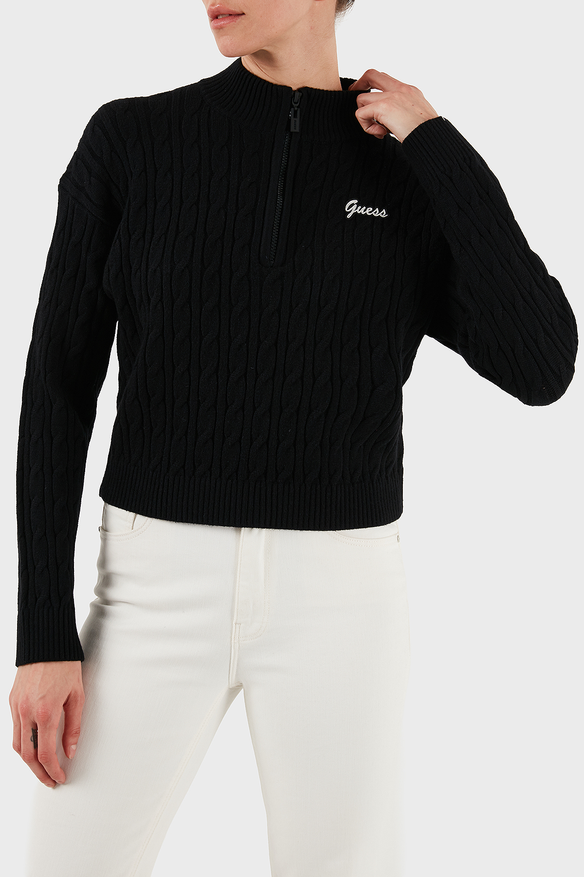 Guess Lavinia Regular Fit Yarım Fermuarlı Dik Yaka Örgü  V5BR02Z0572 Kadın Kazak V5BR02 Z0572 JBLK SİYAH