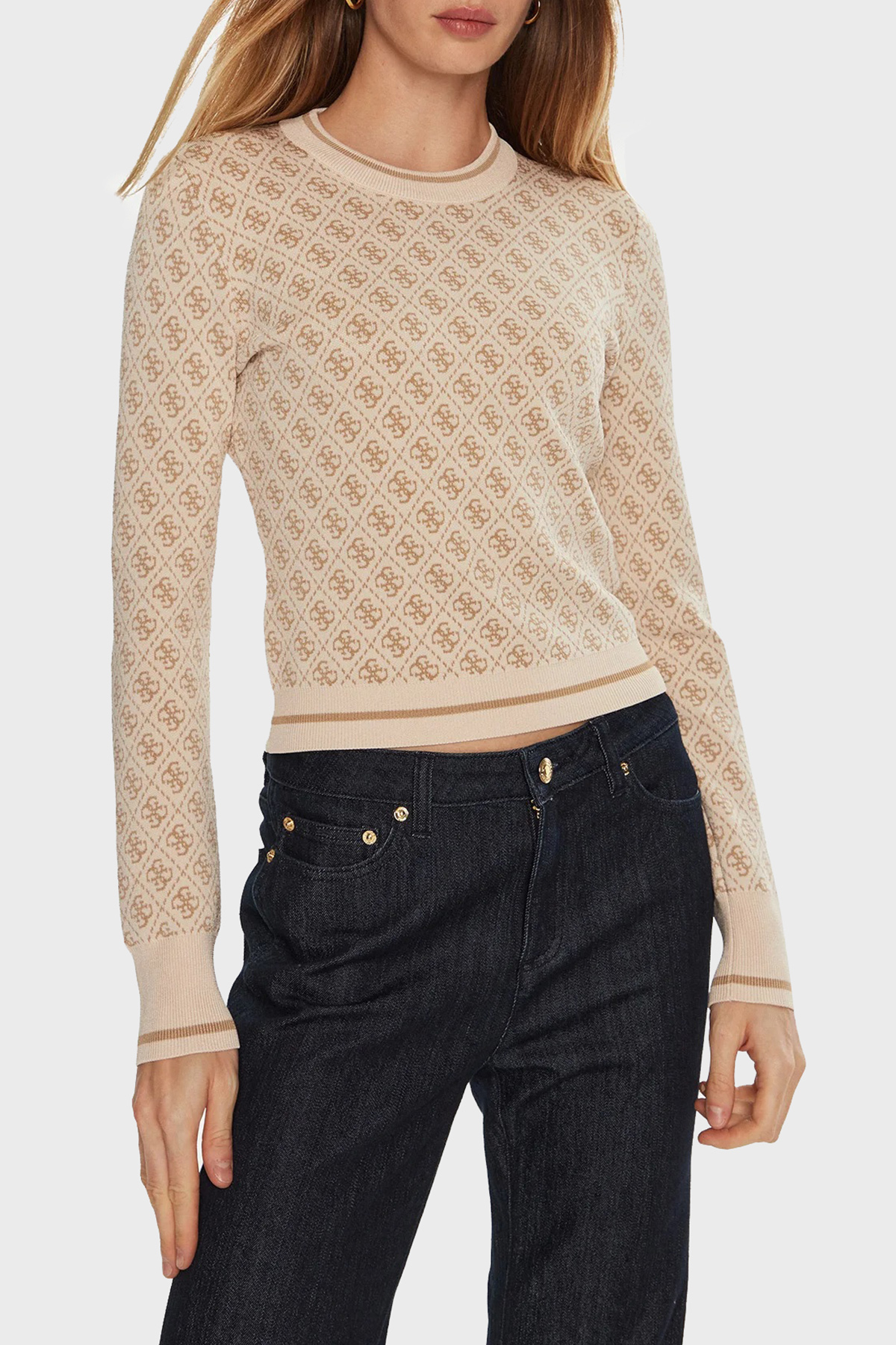 Guess Lise 4G Logolu Slim Fit Bisiklet Yaka  W4BR21Z37K0 Kadın Kazak W4BR21 Z37K0 FN3J KREM