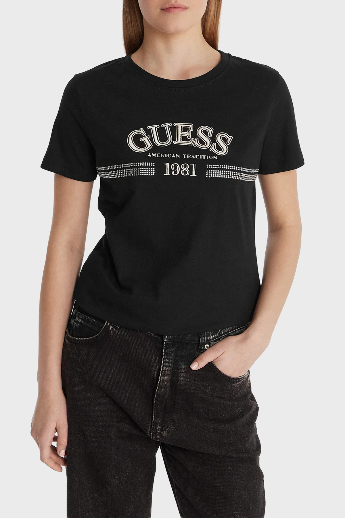 Guess Logolu Pamuklu Regular Fit Bisiklet Yaka  V6RI16I3Z14 Kadın T Shirt V6RI16 I3Z14 JBLK SİYAH