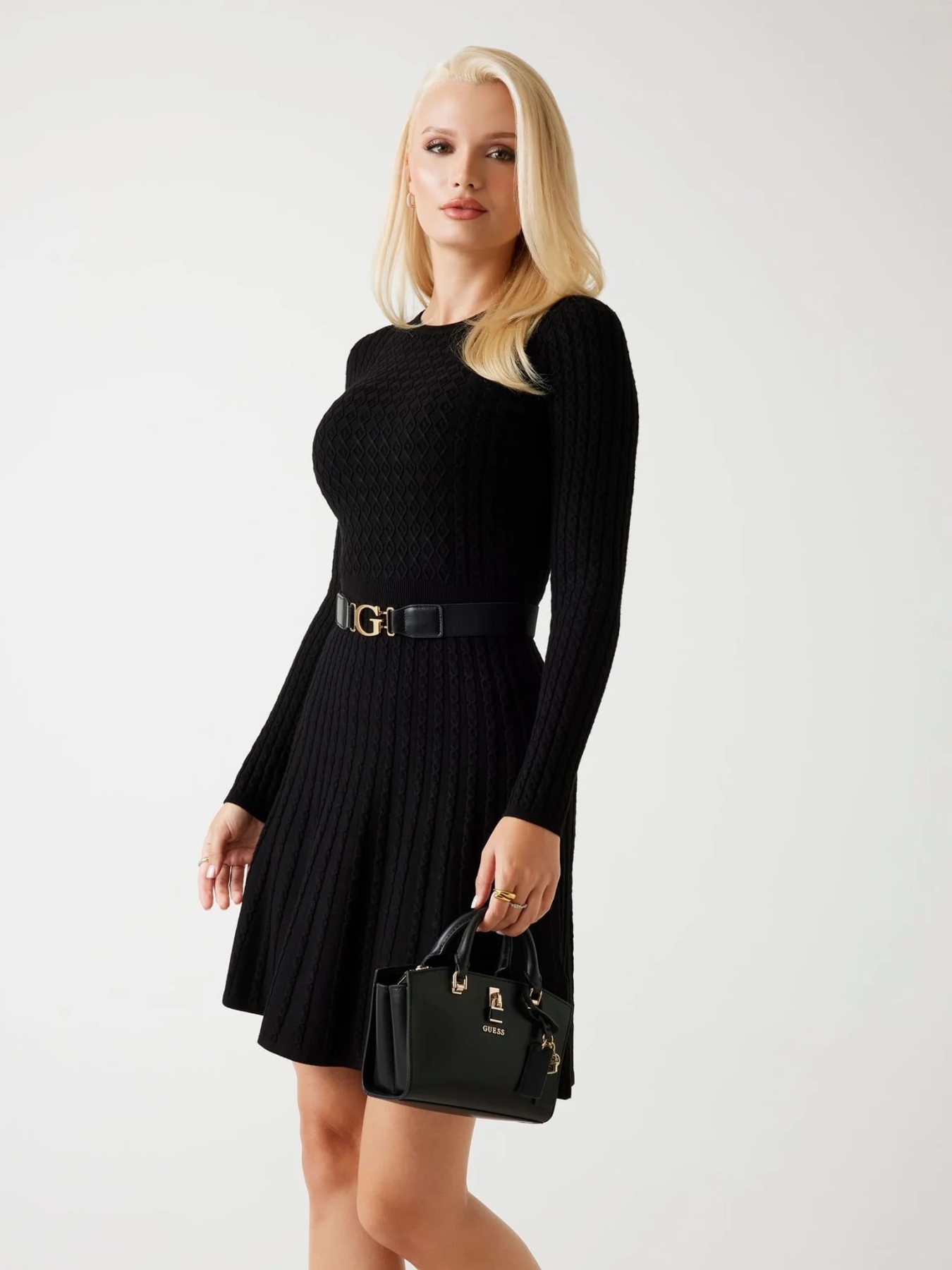 Guess Ls Cn Flare Fit Bisiklet Yaka Kemer Detaylı Mini Triko  W5BK68Z2YJ2 Kadın Elbise W5BK68 Z2YJ2 JBLK SİYAH