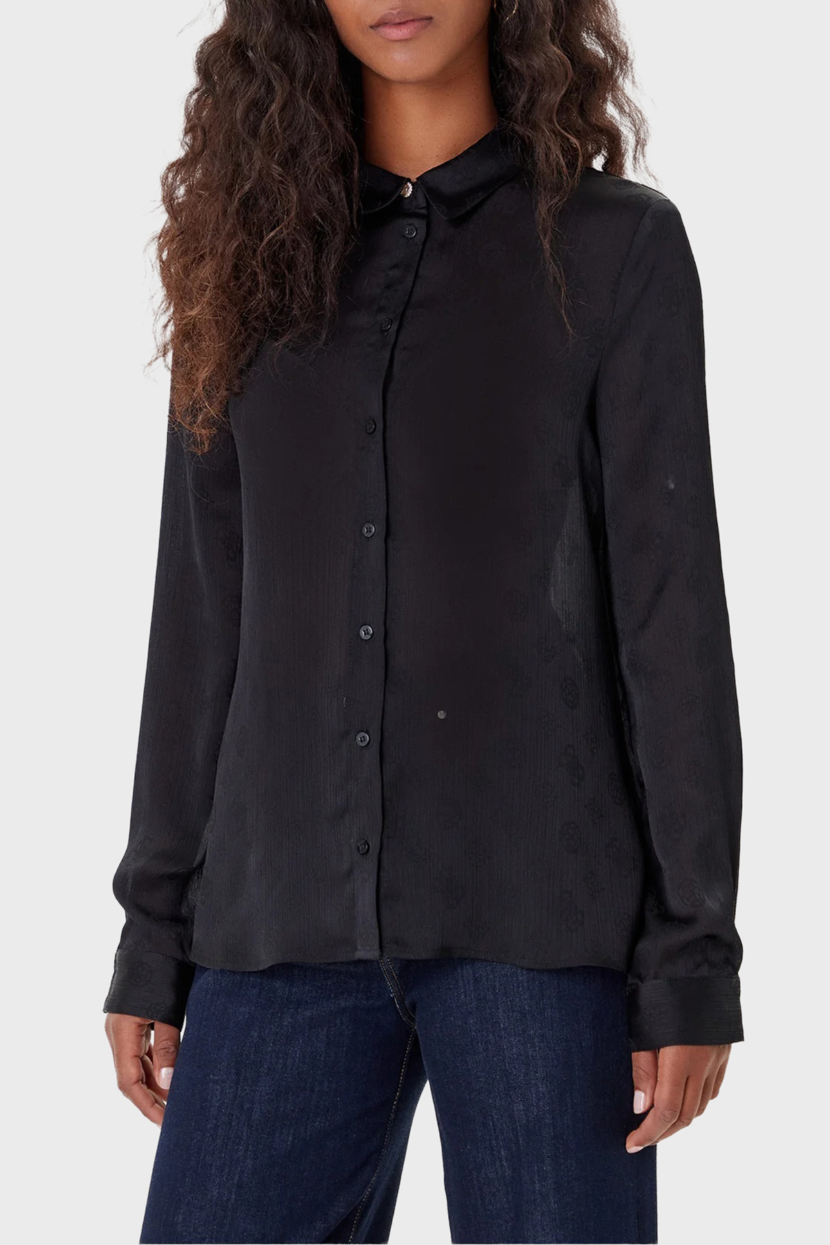 Guess Ls Marthe 4G Logolu Jakarlı Comfort Fit Uzun Kollu  W5YH1AWHCR2 Kadın Gömlek W5YH1A WHCR2 JBLK SİYAH