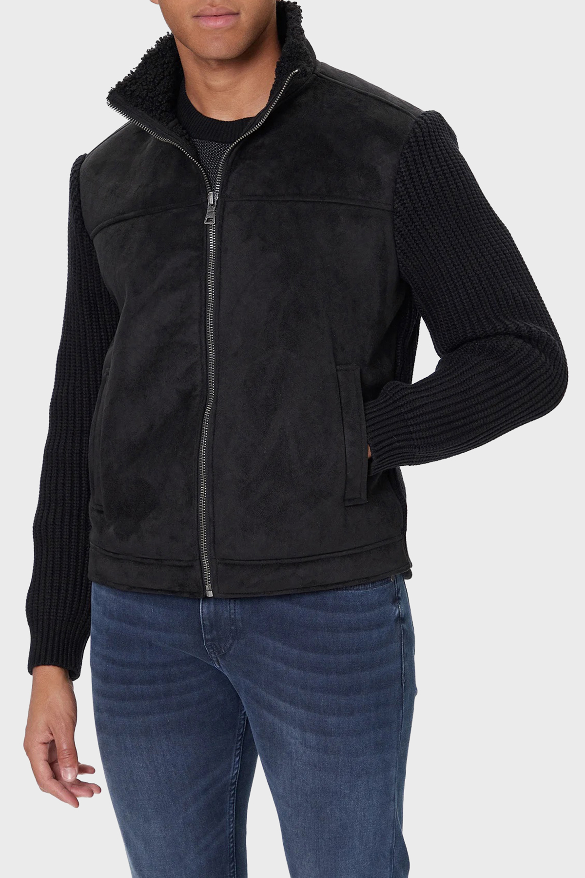 Guess Ls Mn Suede Regular Fit Dik Yaka Örgü Detaylı  M5BR79Z5570 Erkek Ceket M5BR79 Z5570 JBLK SİYAH