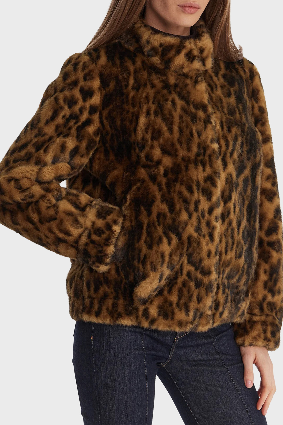 Guess Luna Leopar Desenli Regular Fit Dik Yaka Suni Kürk  W5BL65W3900 Kadın Mont W5BL65 W3900 P340 LEOPAR